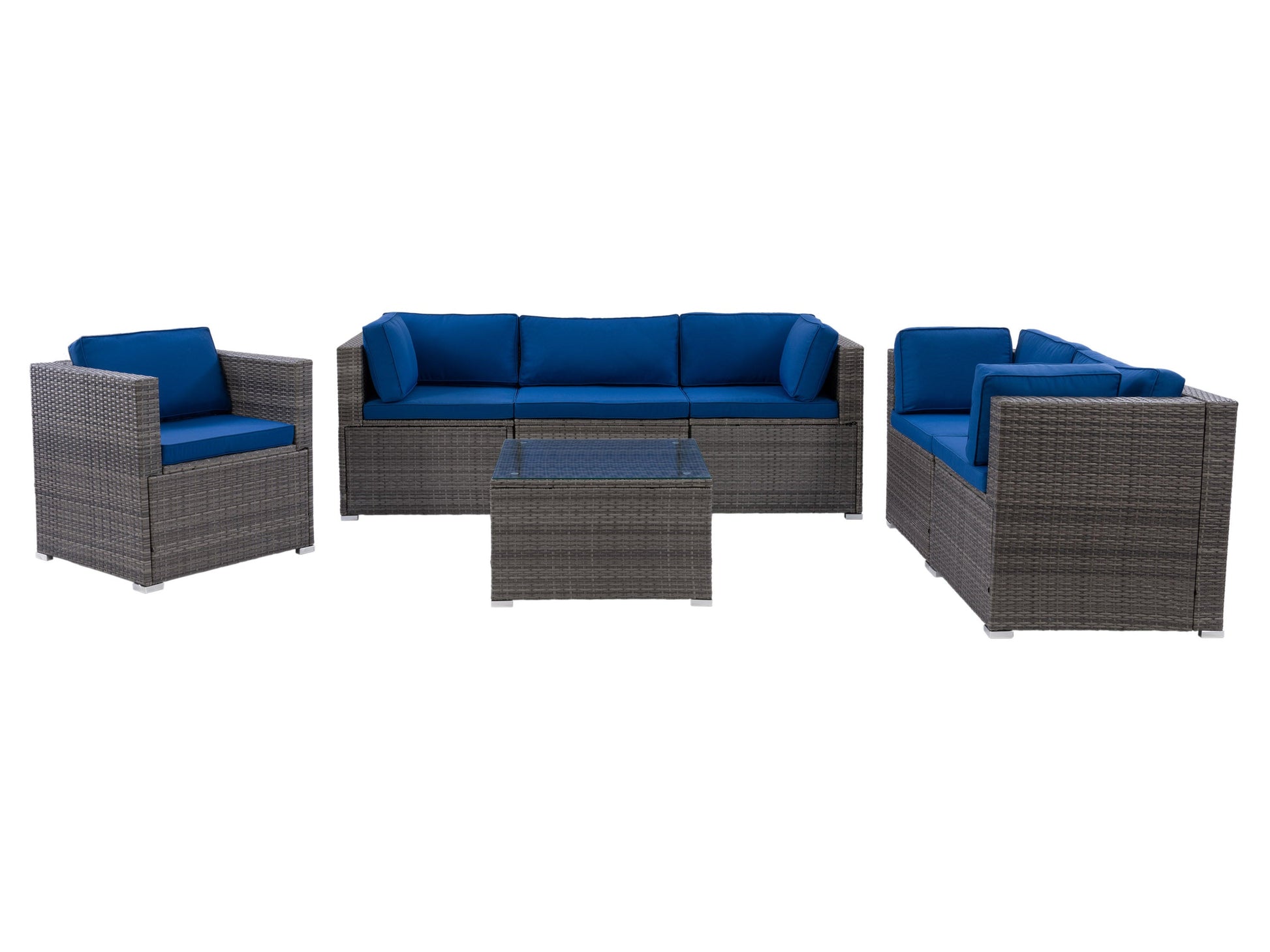 Gray 7-piece outdoor patio conversation set with cushions, including a sectional sofa, glass-top coffee table, and ottomans, featuring weather-resistant rattan wicker and plush, UV-resistant fabric cushions.