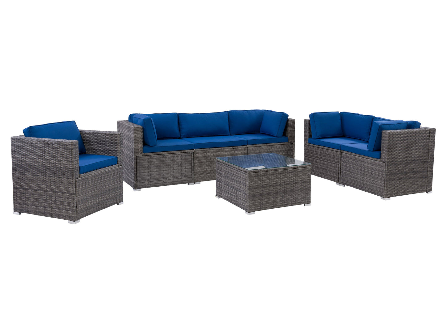 Outdoor patio conversation set with 7 pieces, featuring a sleek gray aluminum frame and plush, weather-resistant cushions. Includes a stylish coffee table with a glass top, perfect for outdoor lounging and entertaining.