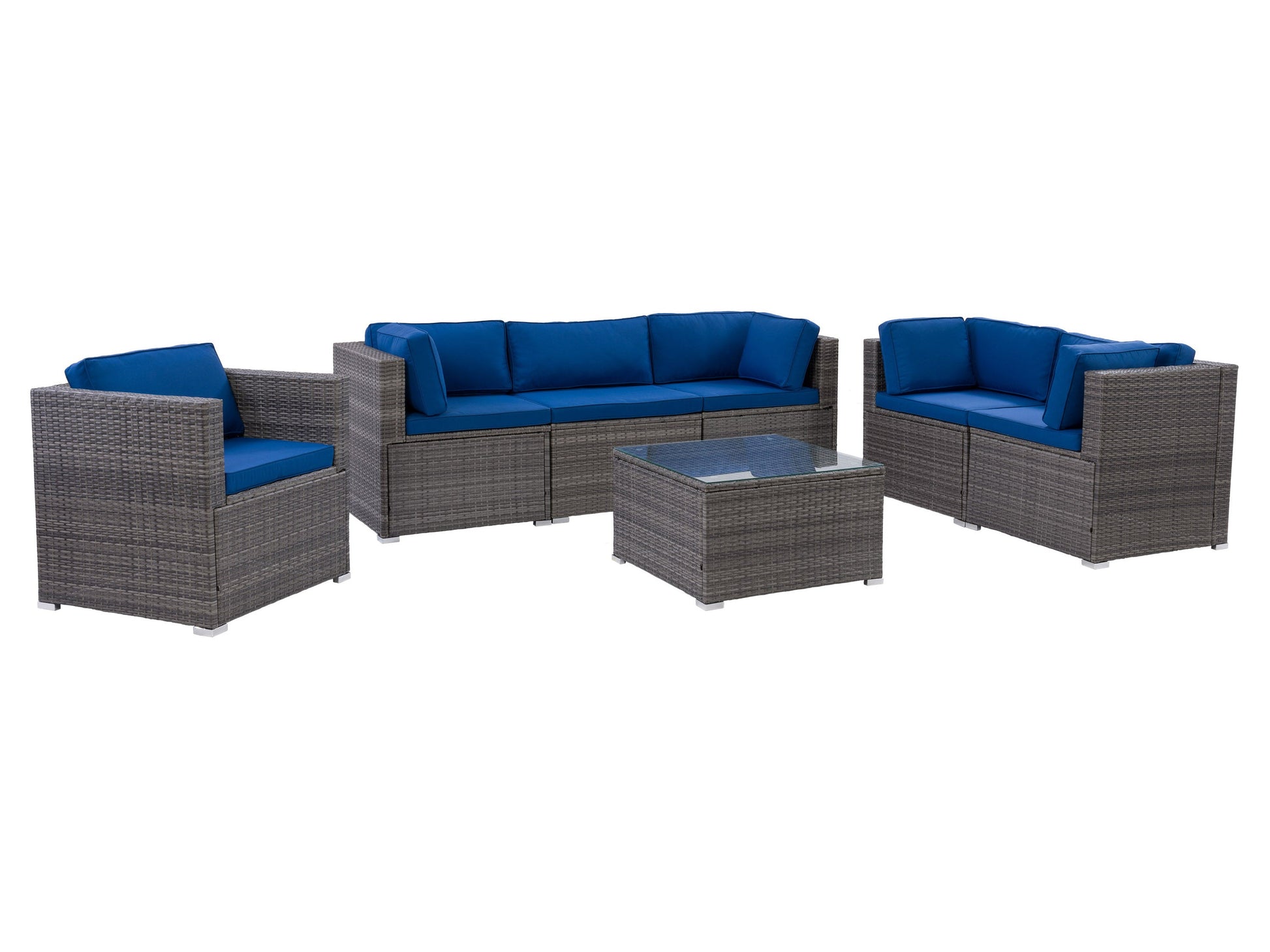 Outdoor patio conversation set with 7 pieces, featuring a sleek gray aluminum frame and plush, weather-resistant cushions. Includes a stylish coffee table with a glass top, perfect for outdoor lounging and entertaining.