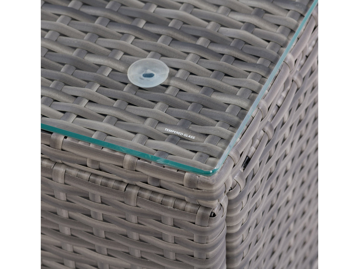 5-piece patio wicker sectional set with beige cushions, brown rattan frame, and tempered glass coffee table, featuring weather-resistant materials and modular design for customizable outdoor seating.