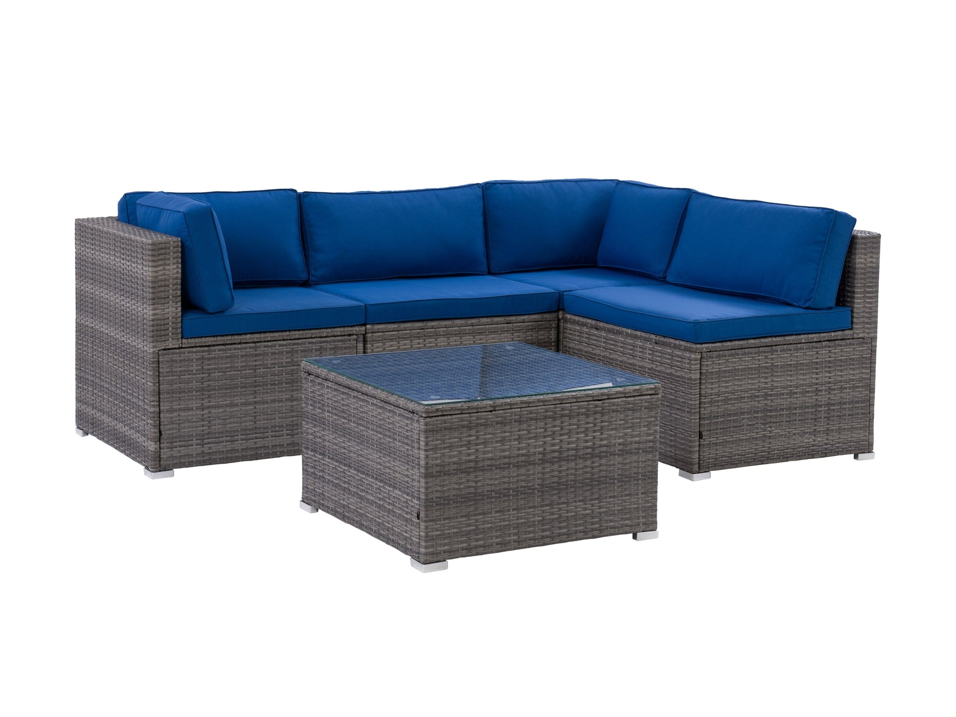 5-piece patio wicker sectional set with beige cushions, dark brown rattan frame, and glass-top coffee table. Features modular design, weather-resistant materials, and comfortable seating for outdoor relaxation.