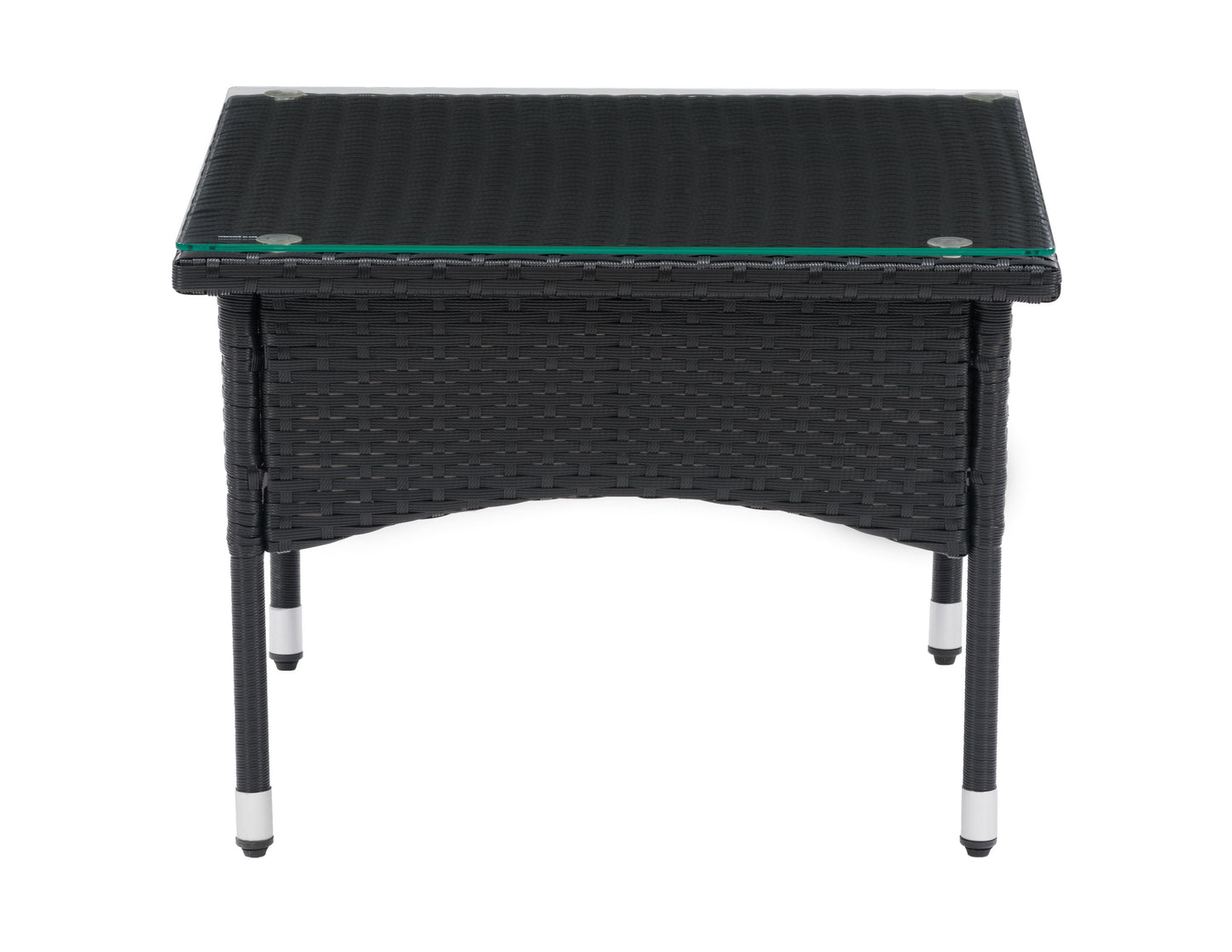 Outdoor wicker side table with a round glass top, brown rattan base, and sturdy design, perfect for patio or garden use.