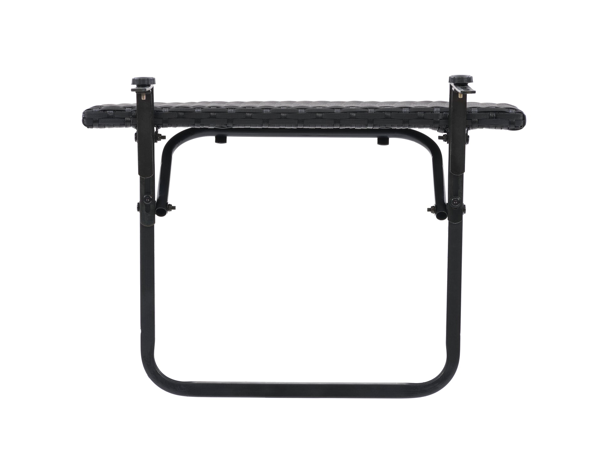 Rectangular balcony railing table in dark wood finish with black metal frame, adjustable clamps, and foldable design. Ideal for small outdoor spaces, offering a stylish and functional surface for dining or working.