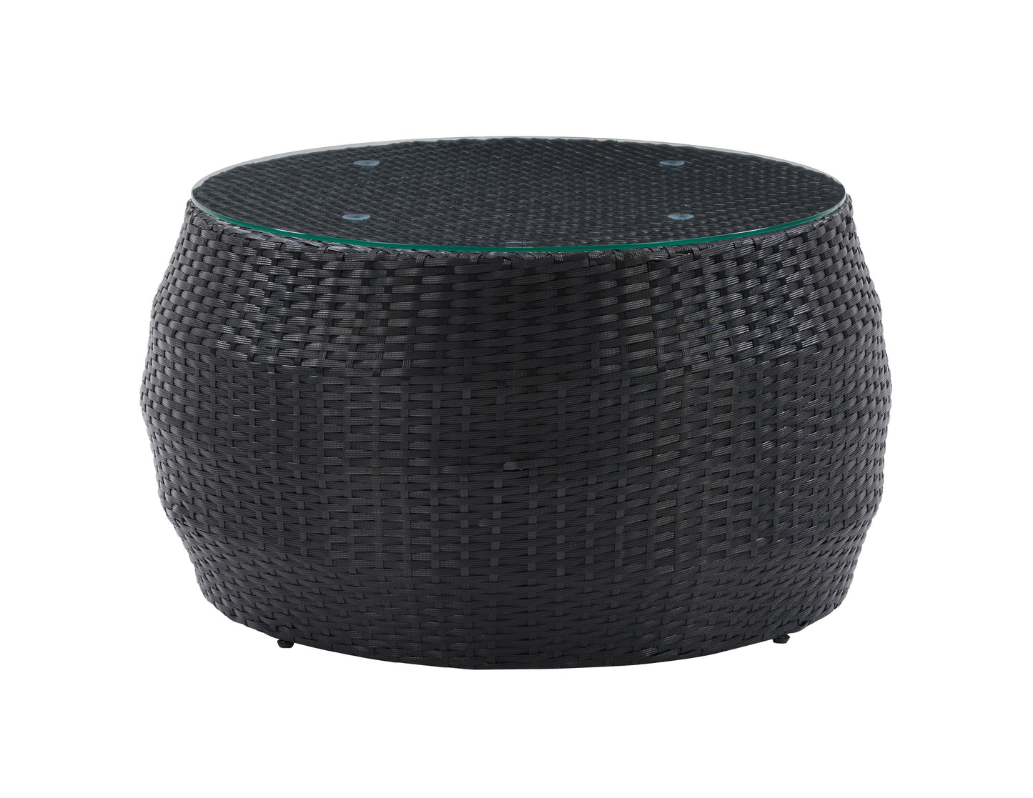 Round wicker coffee table with glass top, featuring intricate woven wicker design in natural brown tones, perfect for outdoor patio use. Durable and stylish, ideal for enhancing your garden or patio decor.