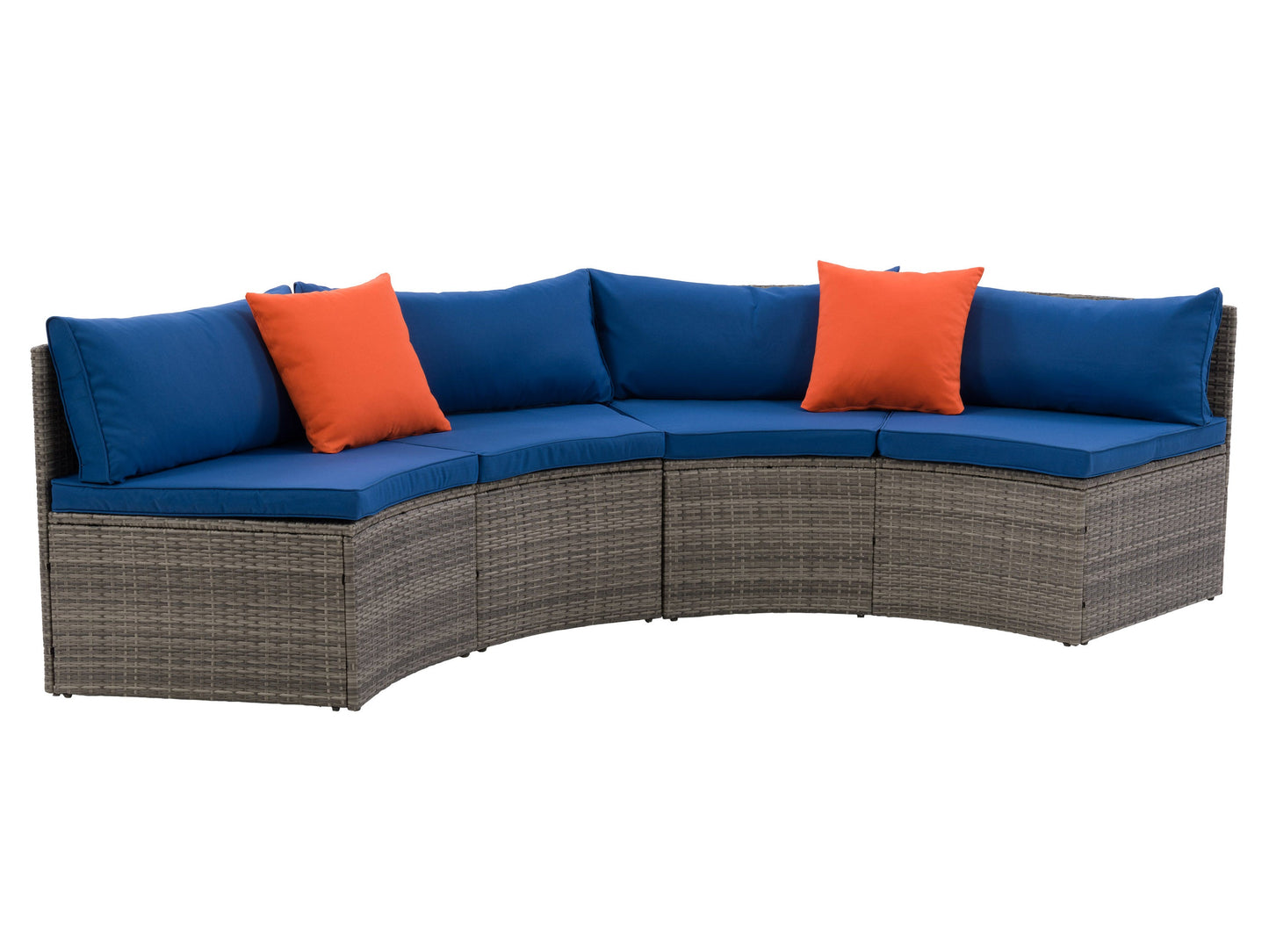 Curved outdoor sofa set, 2-piece patio sectional with gray cushions, woven rattan frame, and modern design perfect for outdoor lounging.