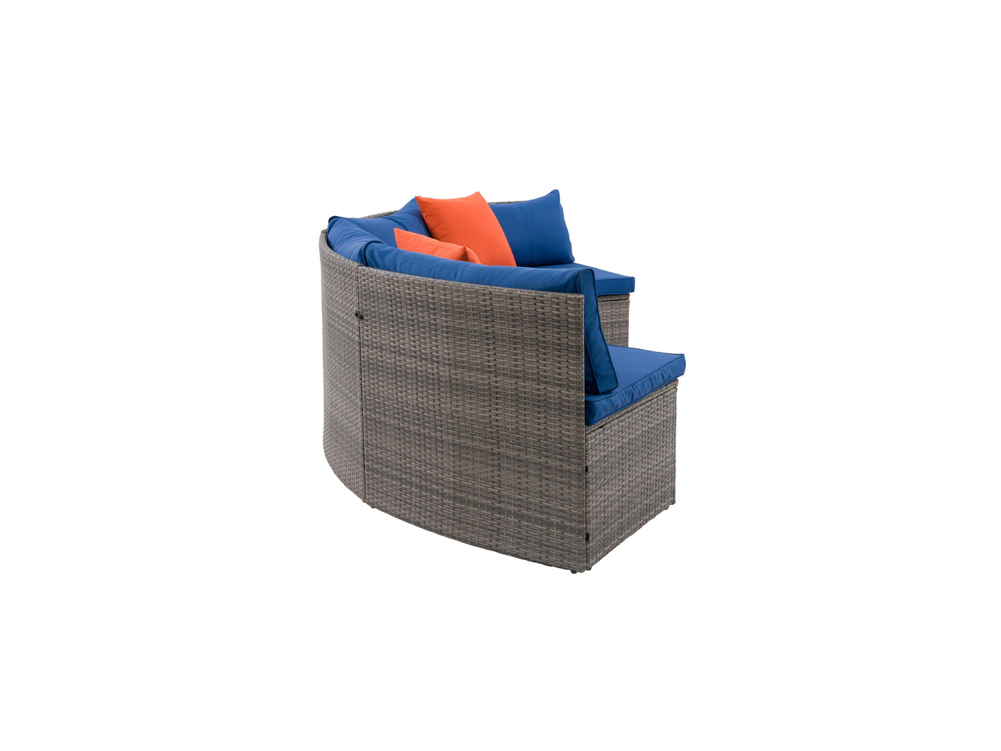 Curved outdoor sofa, 2-piece patio sectional with gray cushions and dark brown wicker frame, featuring a modern design and weather-resistant materials perfect for garden or backyard lounging.