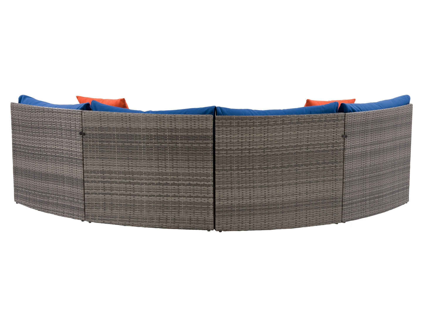 Curved outdoor patio sectional sofa in beige wicker with cream cushions, featuring a modern design with a durable aluminum frame and weather-resistant materials, perfect for garden or backyard lounging.