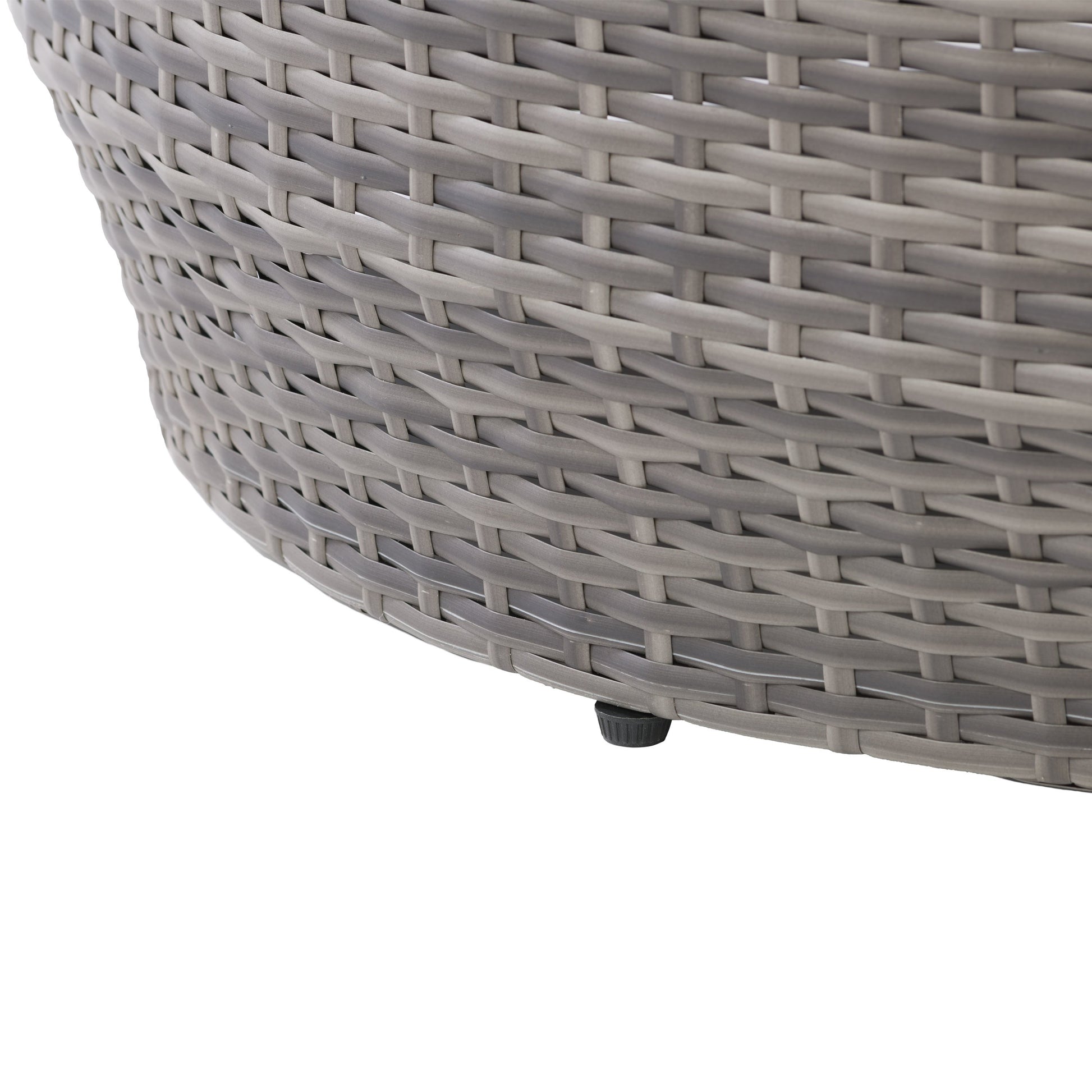Wicker coffee table with a rectangular glass top, brown rattan weave, and sturdy legs, perfect for outdoor patio settings.