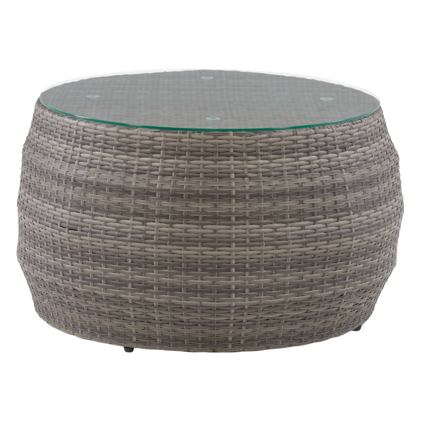 Wicker patio coffee table with glass top, featuring a sturdy brown wicker frame and intricate woven design, perfect for outdoor spaces.
