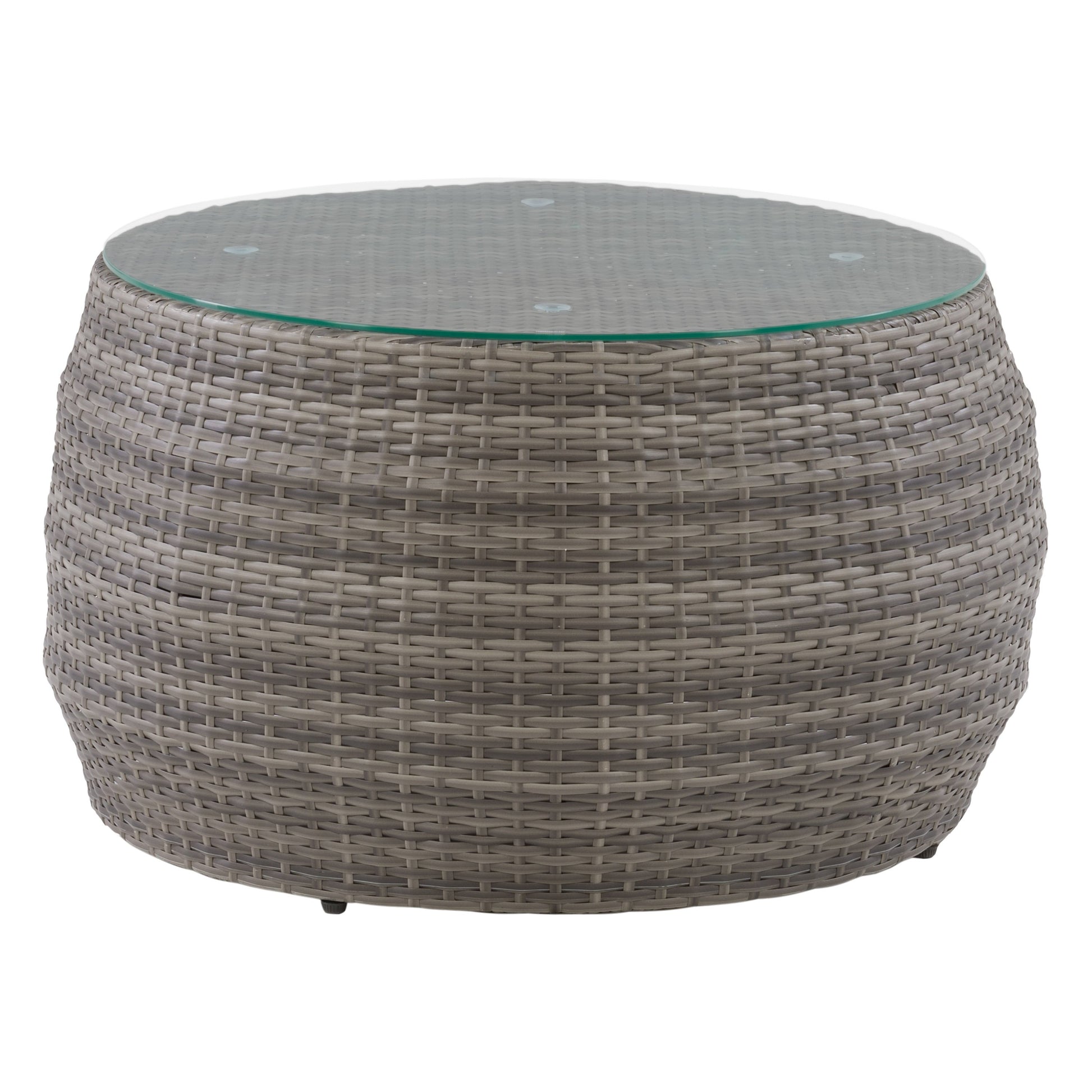 Wicker patio coffee table with glass top, featuring a sturdy brown wicker frame and intricate woven design, perfect for outdoor spaces.