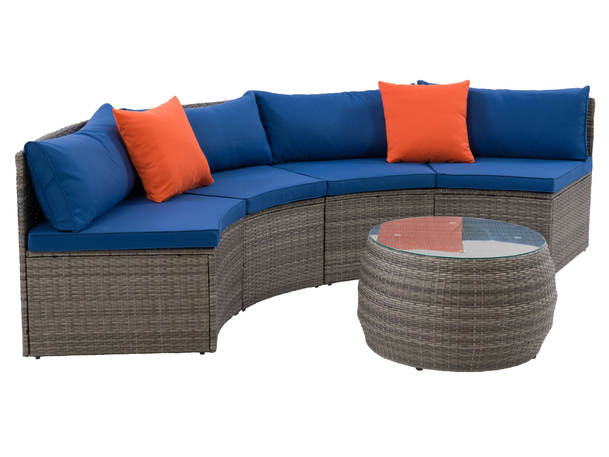 Curved outdoor sectional set with beige cushions and dark brown wicker frame, featuring a three-piece design perfect for patios or gardens.