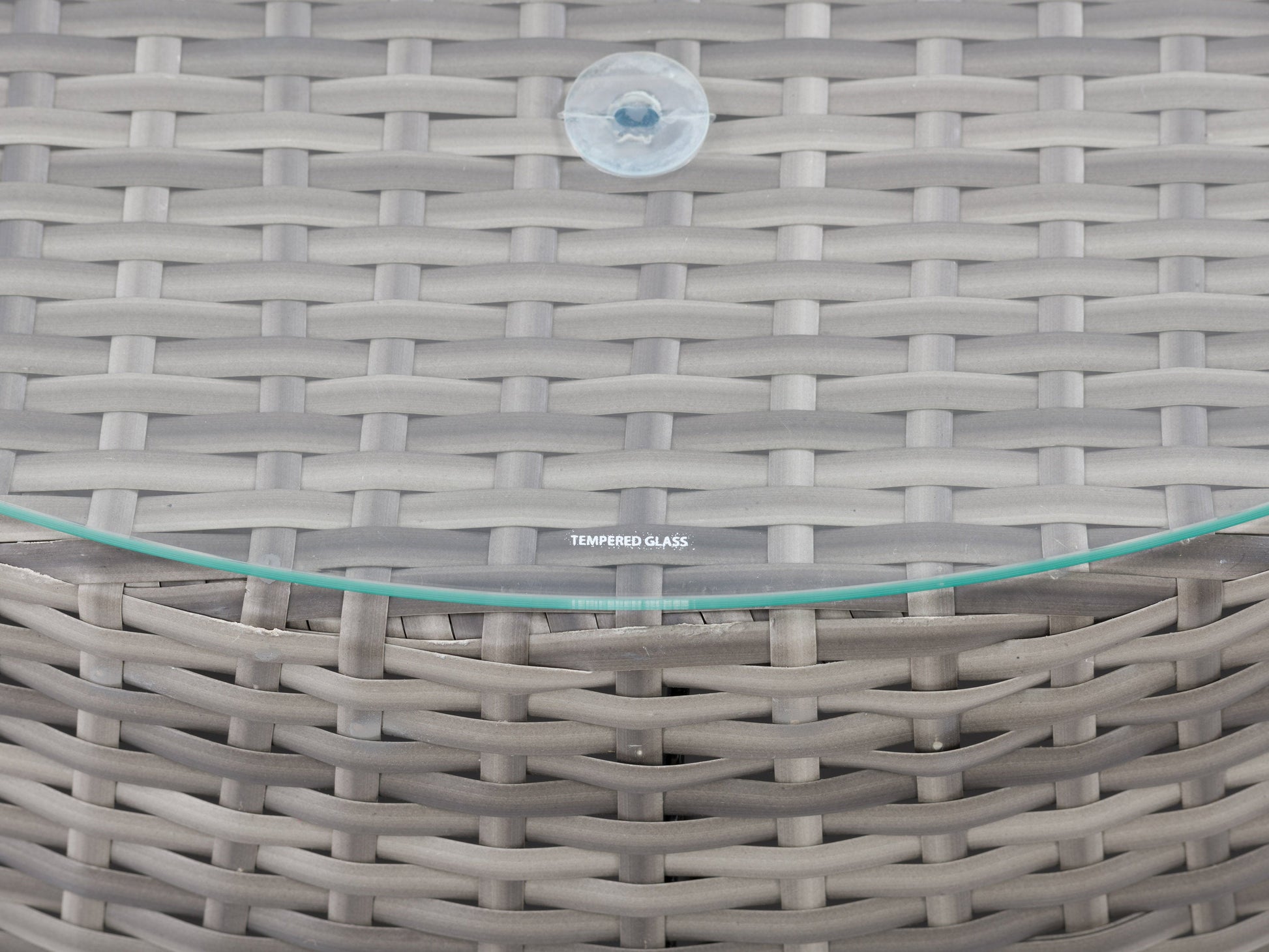 Circular outdoor seating set, 5-piece patio sectional in neutral beige and gray tones, featuring plush cushions, woven rattan texture, and a round coffee table with glass top, perfect for garden or patio lounging.