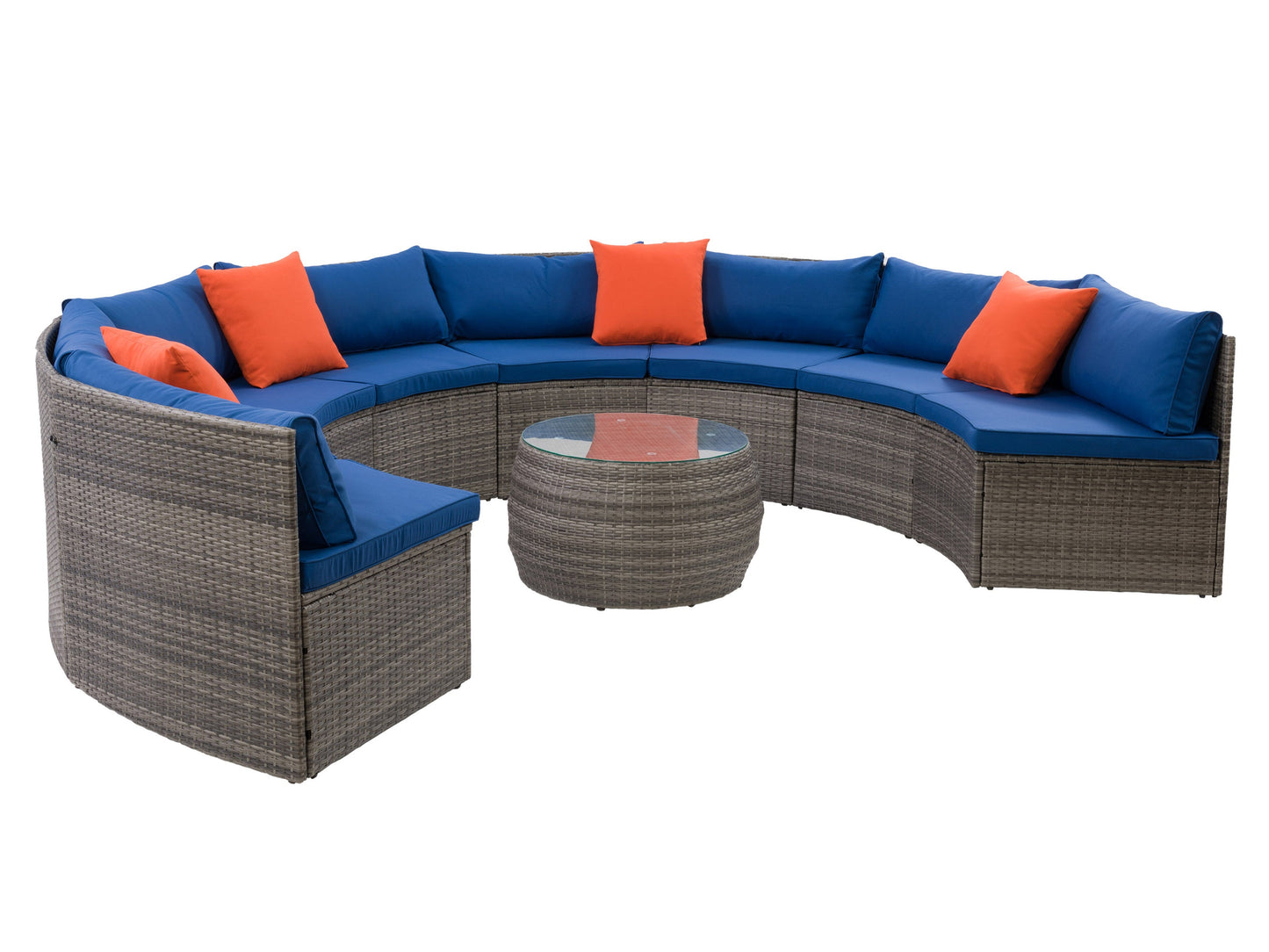 Circular outdoor sectional set, 5-piece, features gray cushioned seats, black metal frame, and a matching round coffee table with a glass top. Ideal for modern patio settings and outdoor lounging.