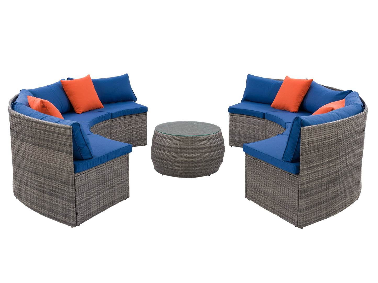 Circular outdoor sectional, 5-piece set with beige cushions, dark brown wicker frame, and round coffee table. Perfect for patios, gardens, and outdoor lounging. Durable, weather-resistant materials.