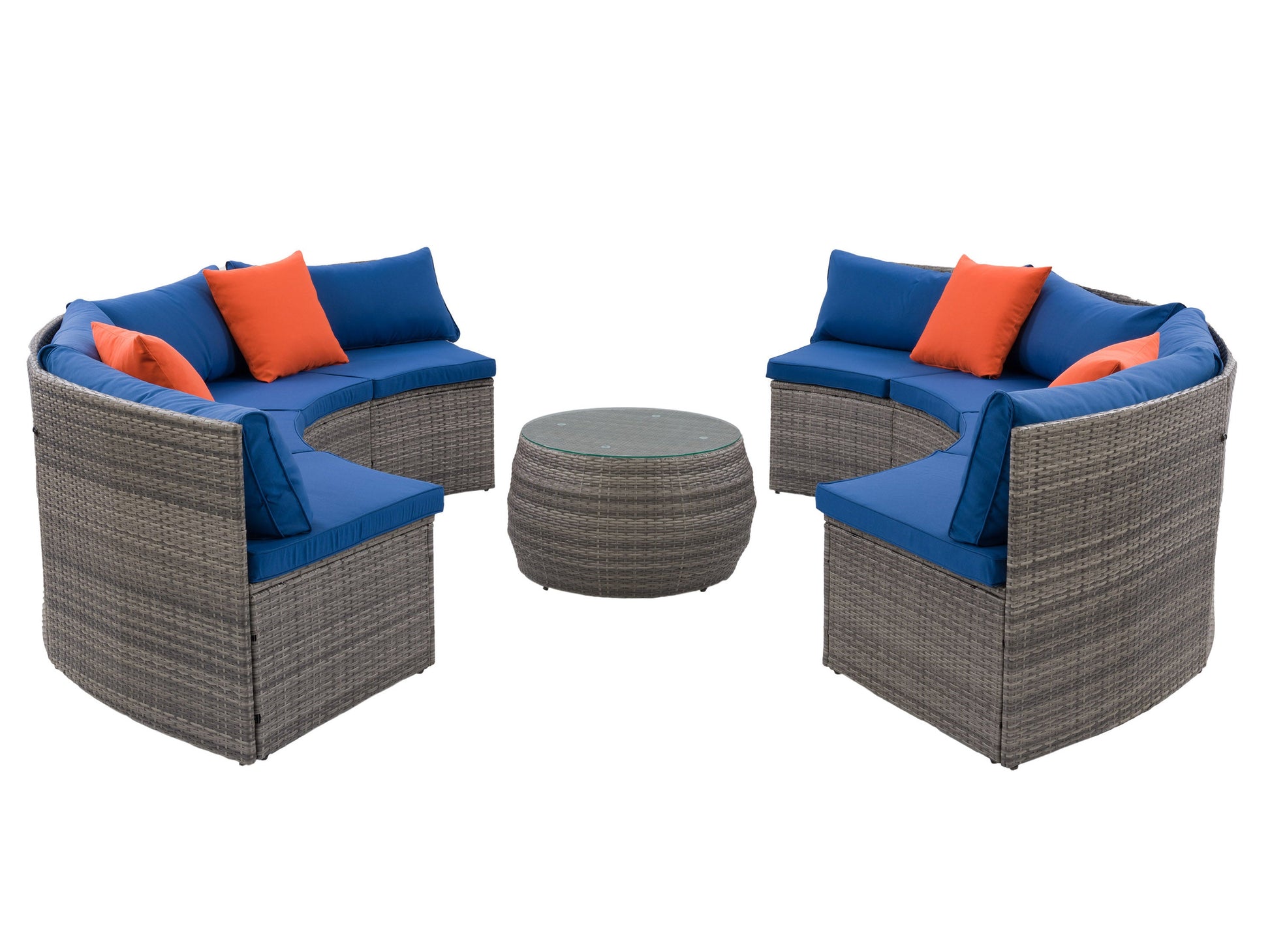 Circular outdoor sectional, 5-piece set with beige cushions, dark brown wicker frame, and round coffee table. Perfect for patios, gardens, and outdoor lounging. Durable, weather-resistant materials.