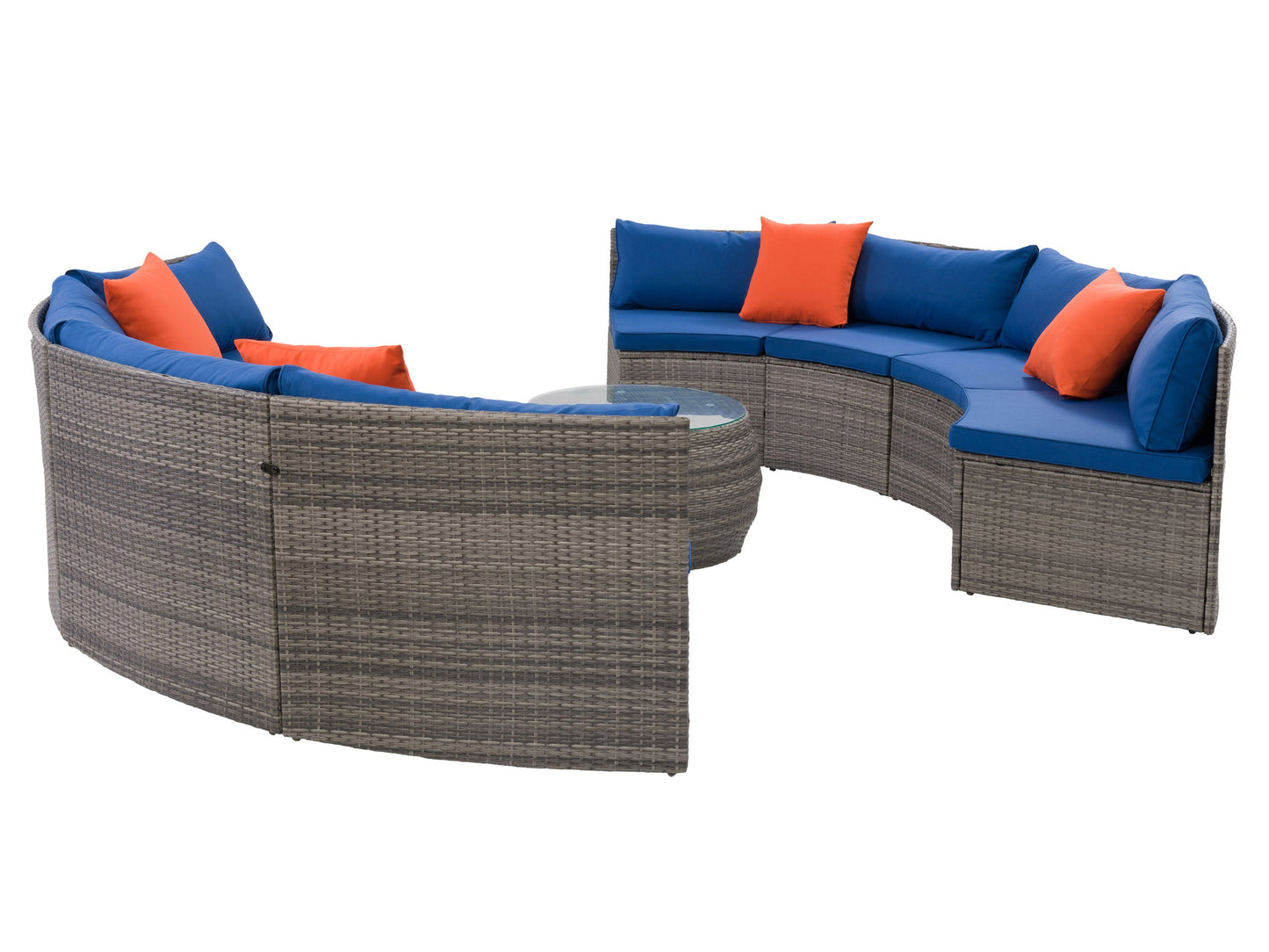 Circular outdoor patio sectional set, 5-piece, featuring gray wicker frame, soft beige cushions, and round coffee table with glass top, perfect for garden or deck seating, weather-resistant and stylish.
