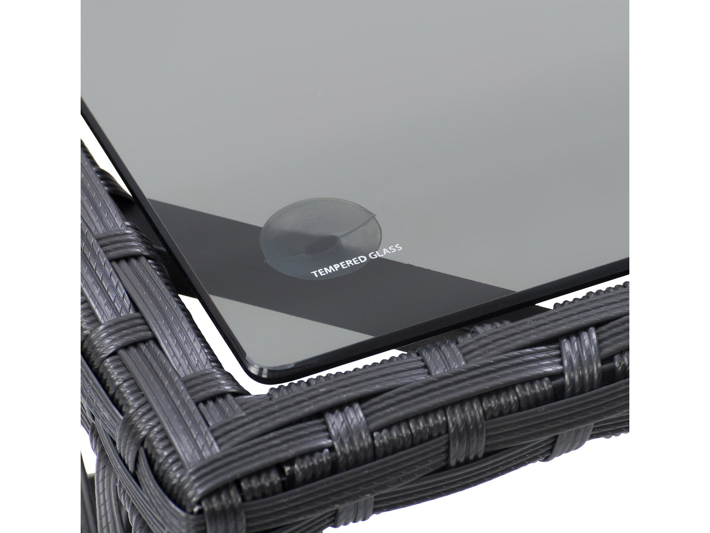 4-piece patio conversation set with gray wicker finish, featuring a glass-top coffee table, two cushioned armchairs, and a cushioned loveseat, perfect for outdoor lounging and entertaining.