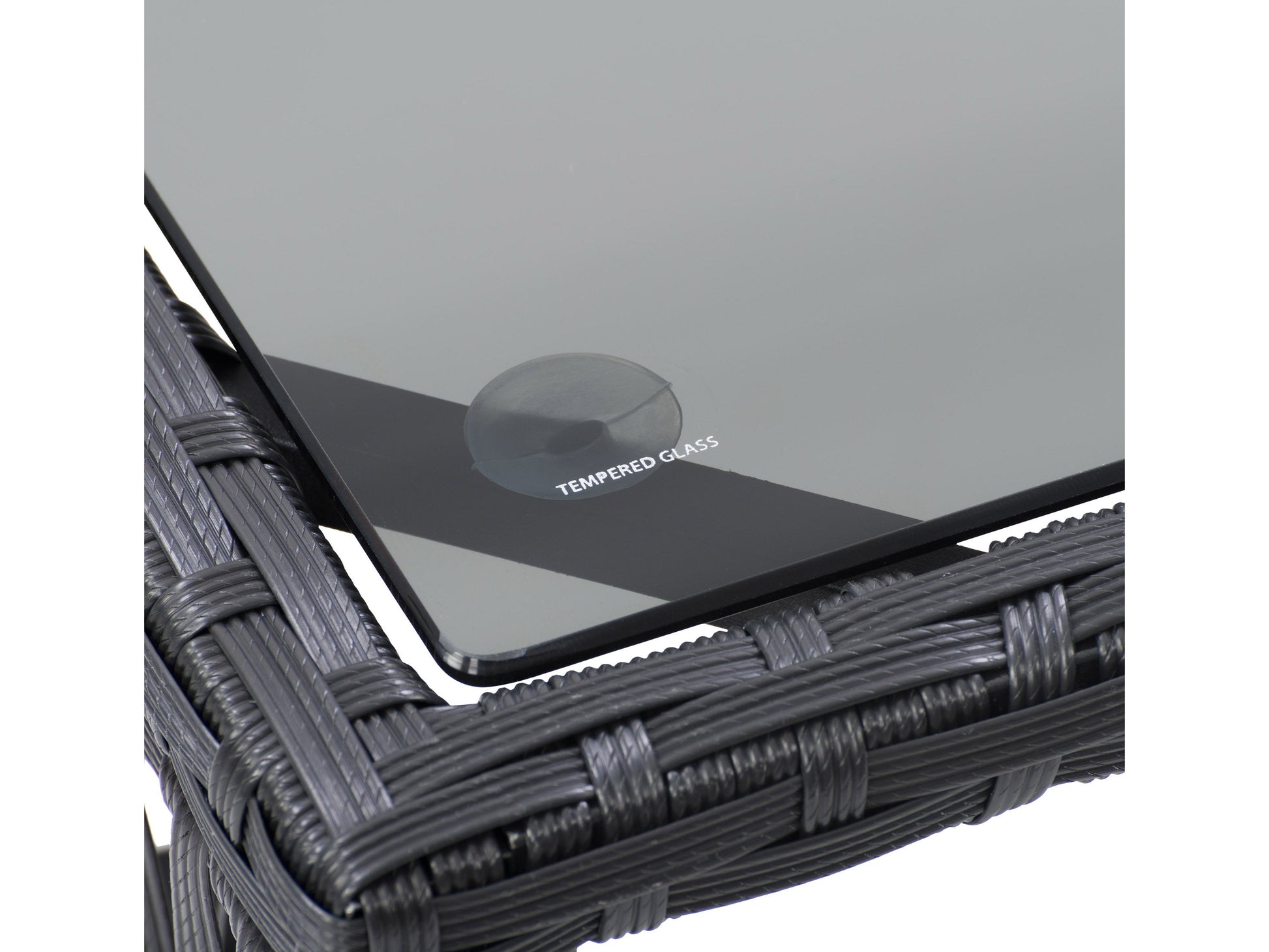 4-piece patio conversation set with gray wicker finish, featuring a glass-top coffee table, two cushioned armchairs, and a cushioned loveseat, perfect for outdoor lounging and entertaining.