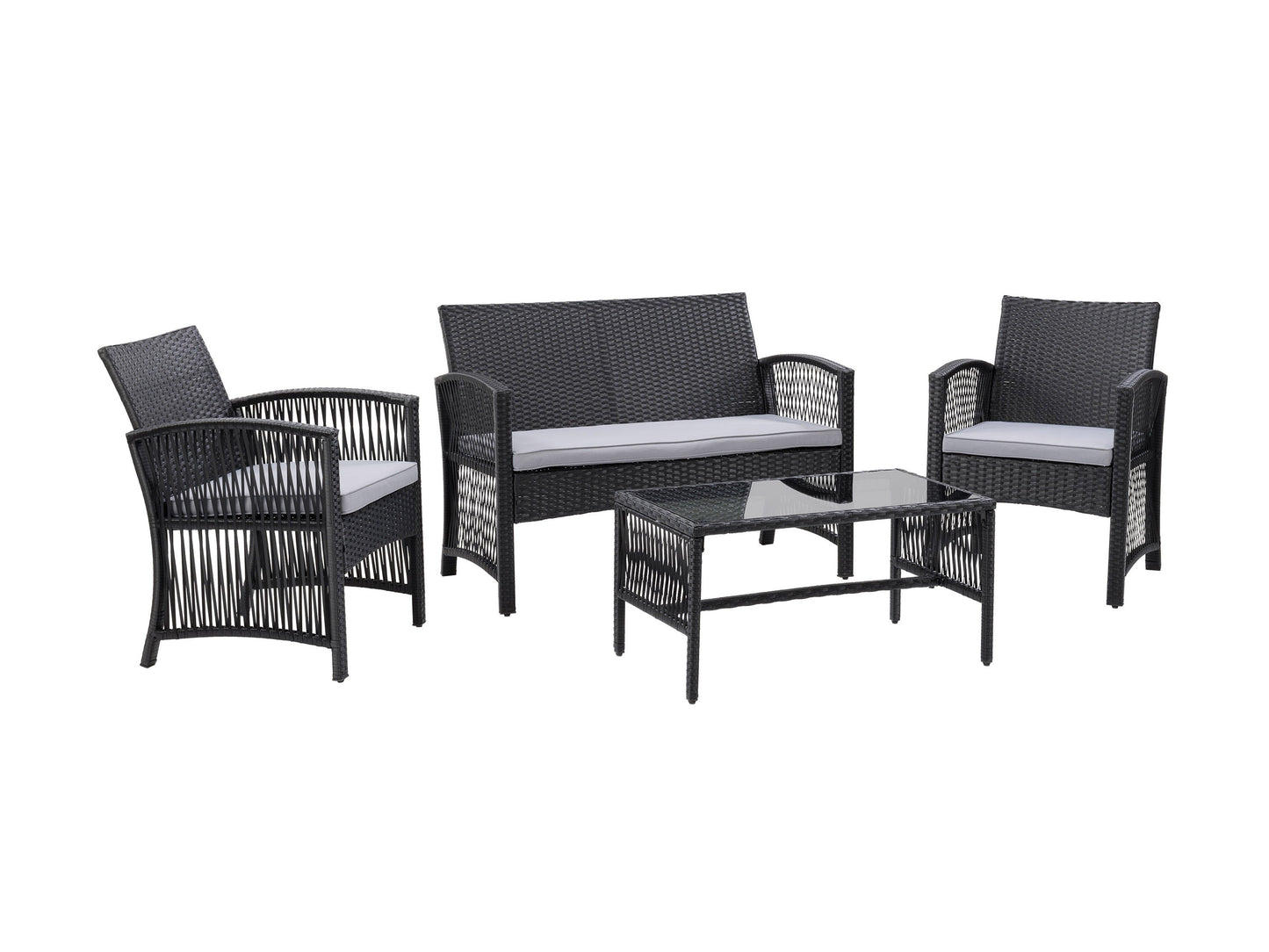 4pc patio conversation set with gray cushioned seats, black steel frame, and glass-top coffee table, featuring modern design and weather-resistant materials, perfect for outdoor lounging and entertaining.