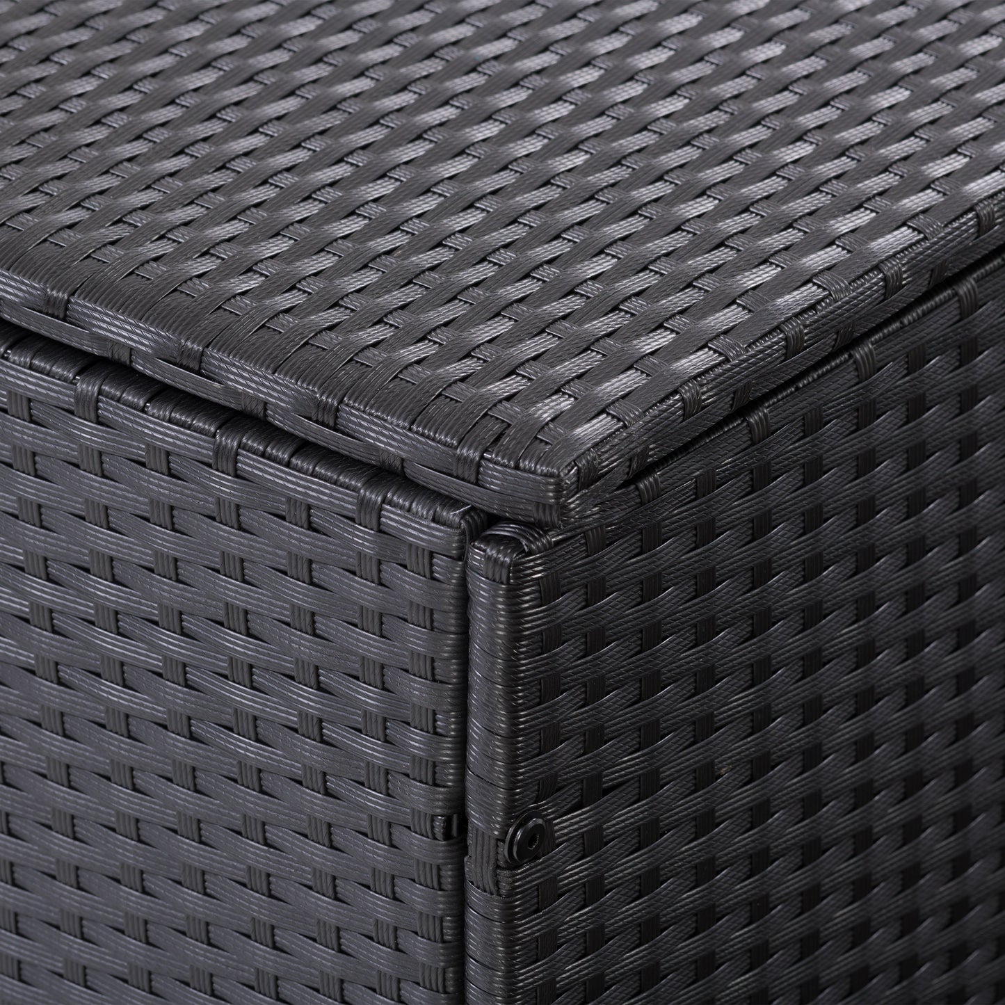 Grey wicker patio cushion box with a hinged lid, weather-resistant design, and spacious interior for outdoor storage. Perfect for keeping patio cushions, garden tools, and pool accessories organized and protected.