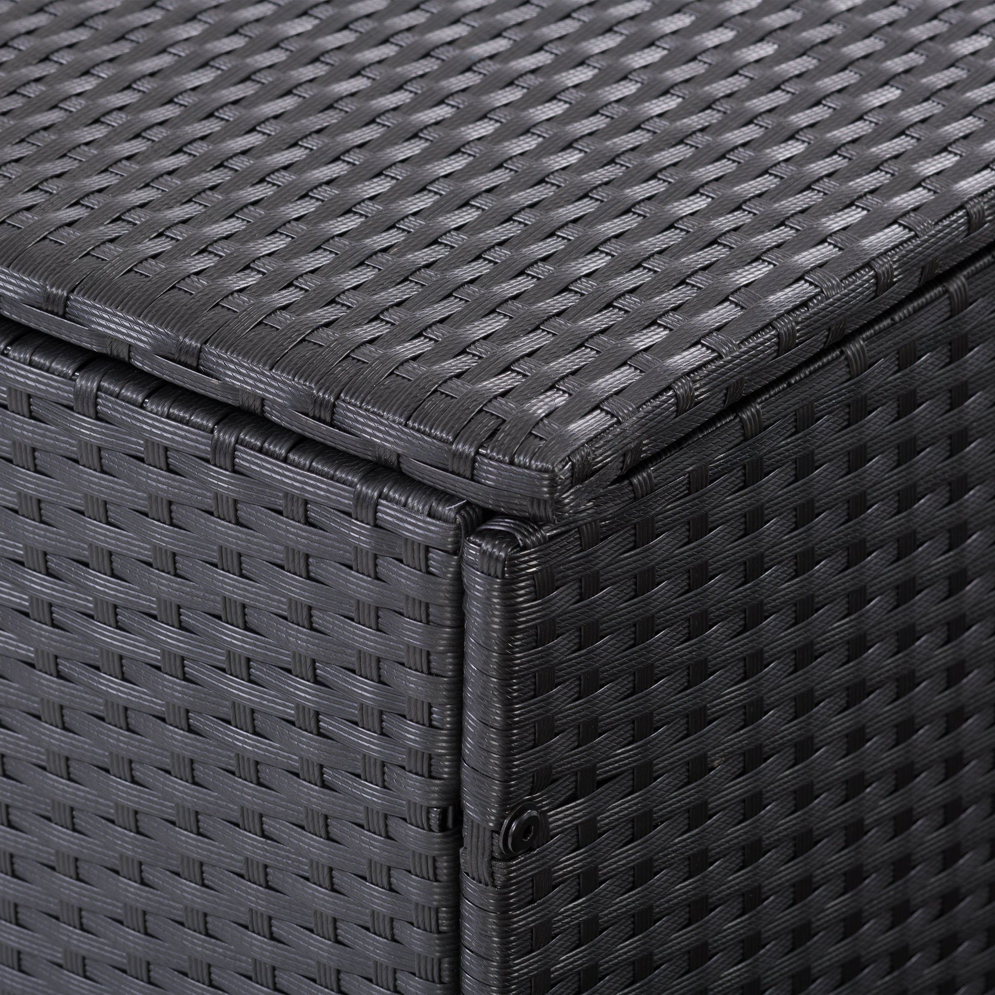 Grey wicker patio cushion box with a hinged lid, weather-resistant design, and spacious interior for outdoor storage. Perfect for keeping patio cushions, garden tools, and pool accessories organized and protected.