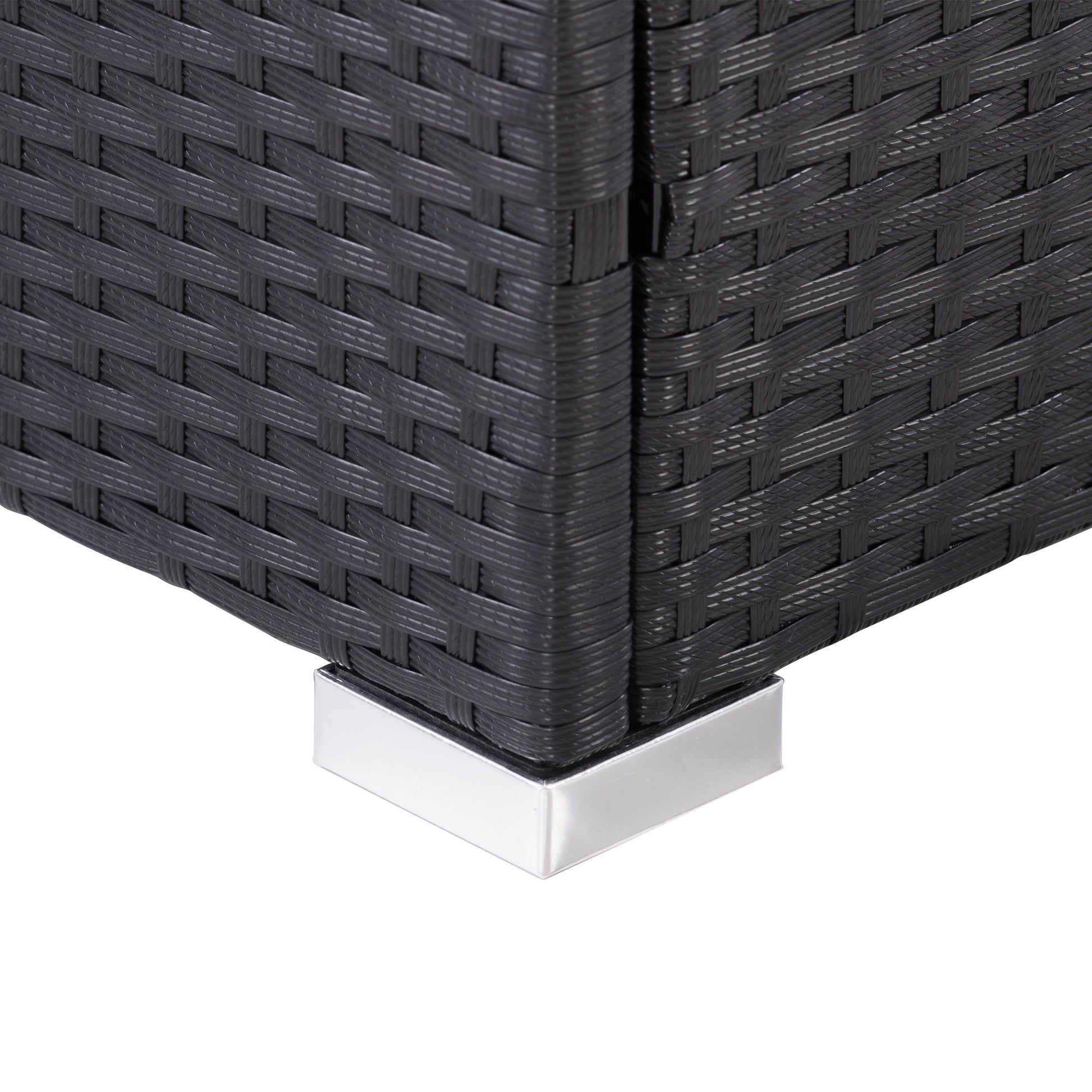 Grey wicker patio cushion box with a hinged lid, weather-resistant design, and spacious interior for outdoor storage. Perfect for keeping patio cushions, garden tools, and pool accessories organized and protected.