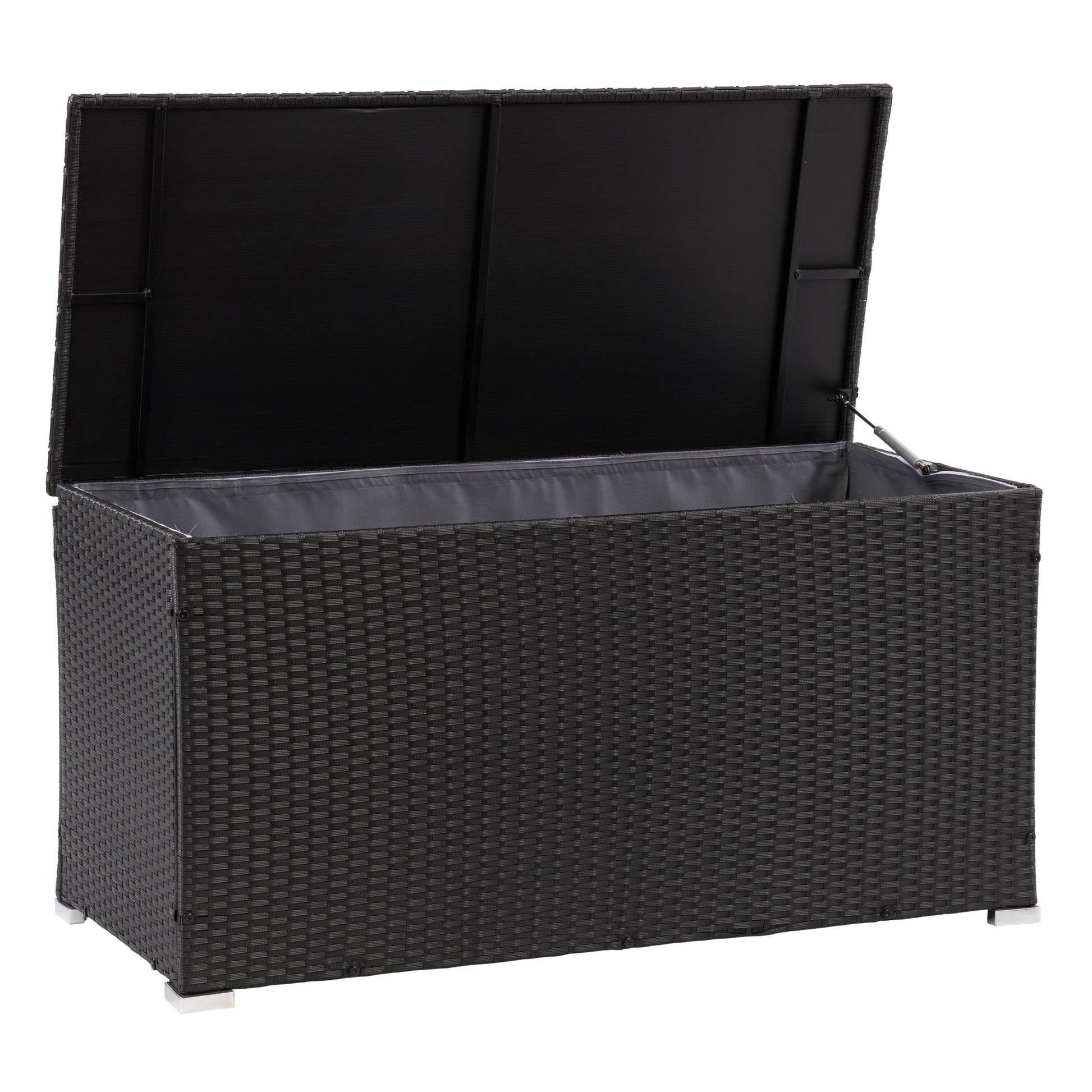 Grey wicker patio cushion box with a hinged lid, weather-resistant design, and spacious interior for outdoor storage. Perfect for keeping patio cushions, garden tools, and pool accessories organized and protected.