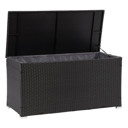 Grey wicker patio cushion box with a hinged lid, weather-resistant design, and spacious interior for outdoor storage. Perfect for keeping patio cushions, garden tools, and pool accessories organized and protected.
