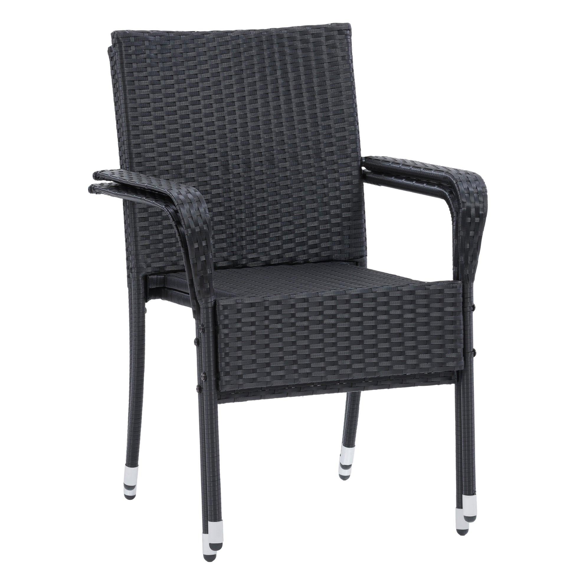 Black wicker stackable patio chairs with beige cushions, featuring a modern design, weather-resistant materials, and sturdy metal frames. Ideal for outdoor seating, garden, or balcony use. Set of 2.