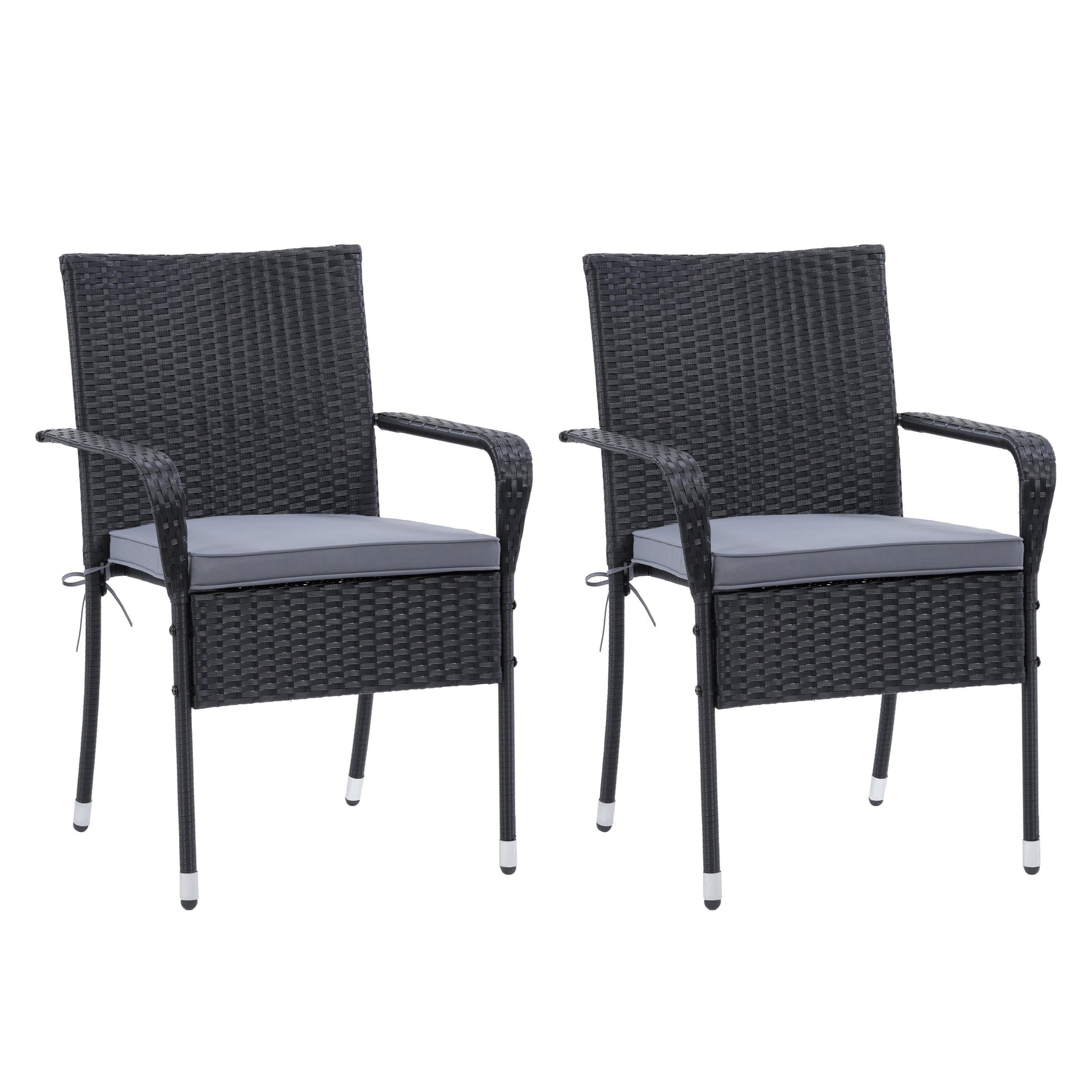 Black wicker stackable patio chairs with beige cushions, featuring a modern design, weather-resistant materials, and sturdy metal frames. Ideal for outdoor seating, garden, or balcony use. Set of 2.