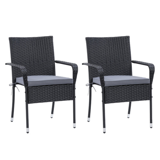 Black wicker stackable patio chairs with beige cushions, featuring a modern design, weather-resistant materials, and sturdy metal frames. Ideal for outdoor seating, garden, or balcony use. Set of 2.