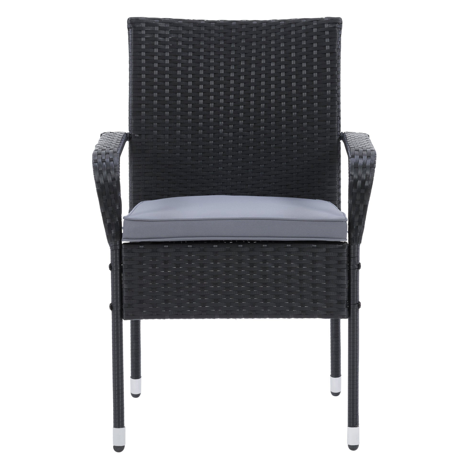 Black wicker stackable patio chairs with beige cushions, featuring a modern design, weather-resistant materials, and sturdy metal frames. Ideal for outdoor seating, garden, or balcony use. Set of 2.