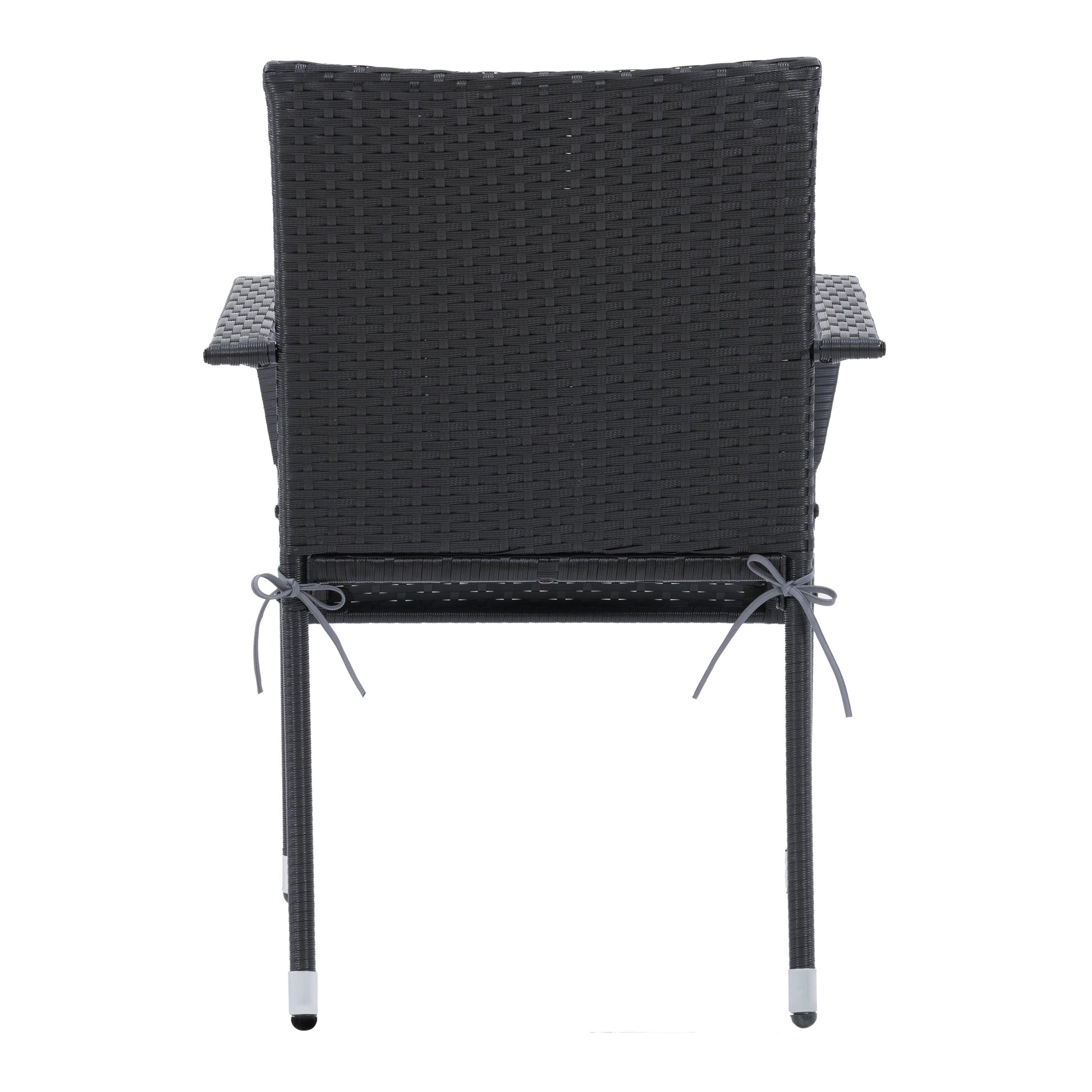 Black wicker stackable patio chairs with beige cushions, featuring a modern design, weather-resistant materials, and sturdy metal frames. Ideal for outdoor seating, garden, or balcony use. Set of 2.