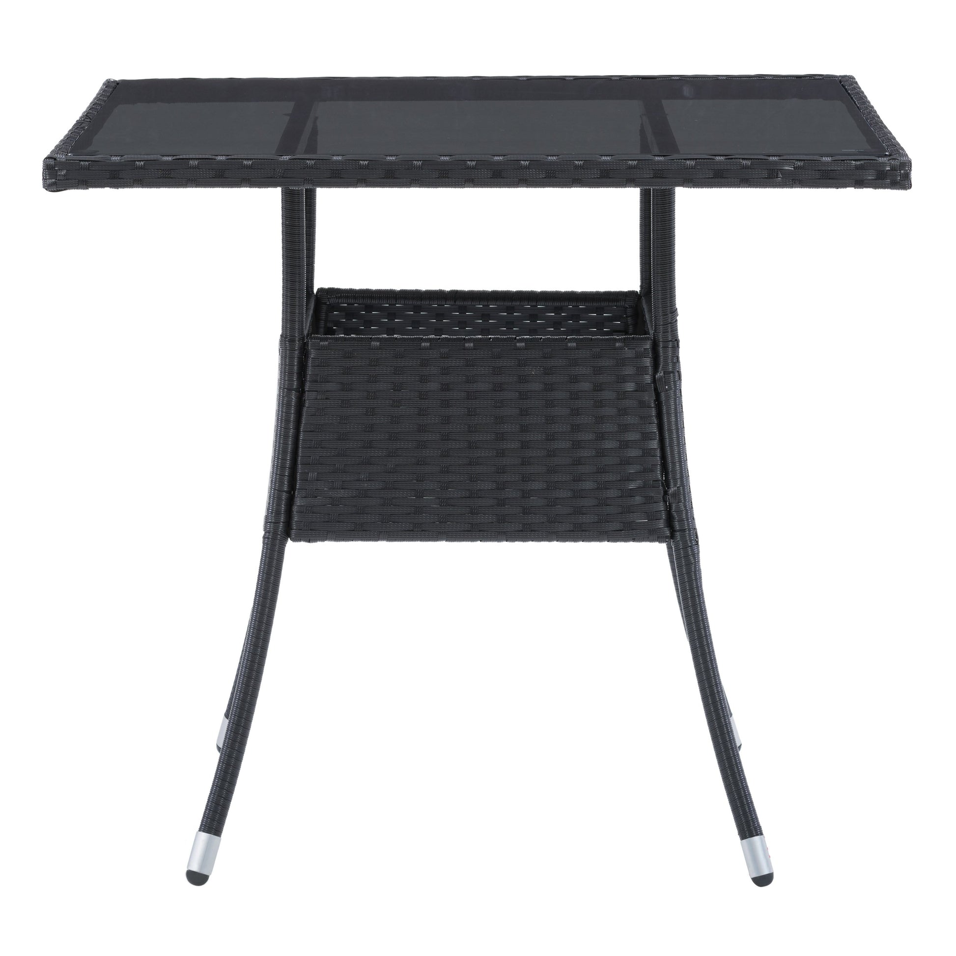 Square outdoor dining table with weather-resistant gray wicker frame, tempered glass top, and sturdy metal legs, perfect for patio or garden settings. Ideal for outdoor dining and entertaining.