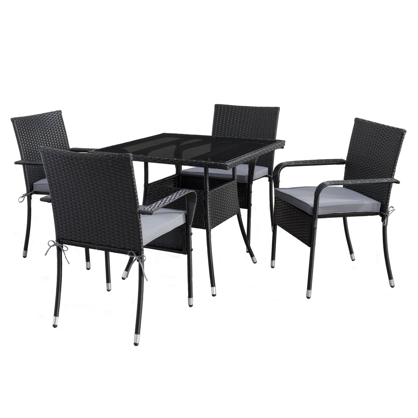 Modern 5-piece patio dining set with a rectangular glass table and four cushioned chairs in beige and brown wicker, featuring weather-resistant materials and a sleek design perfect for outdoor spaces.