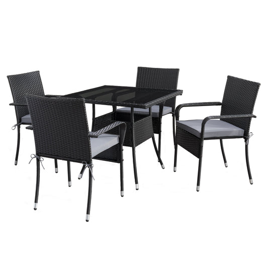 Modern 5-piece patio dining set with a rectangular glass table and four cushioned chairs in beige and brown wicker, featuring weather-resistant materials and a sleek design perfect for outdoor spaces.
