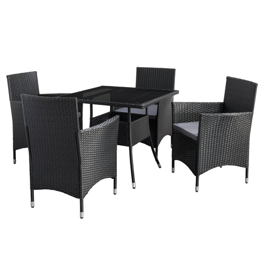 Modern 5-piece patio dining set with a rectangular glass table and four cushioned chairs in beige and brown wicker, featuring weather-resistant materials and a sleek design perfect for outdoor spaces.