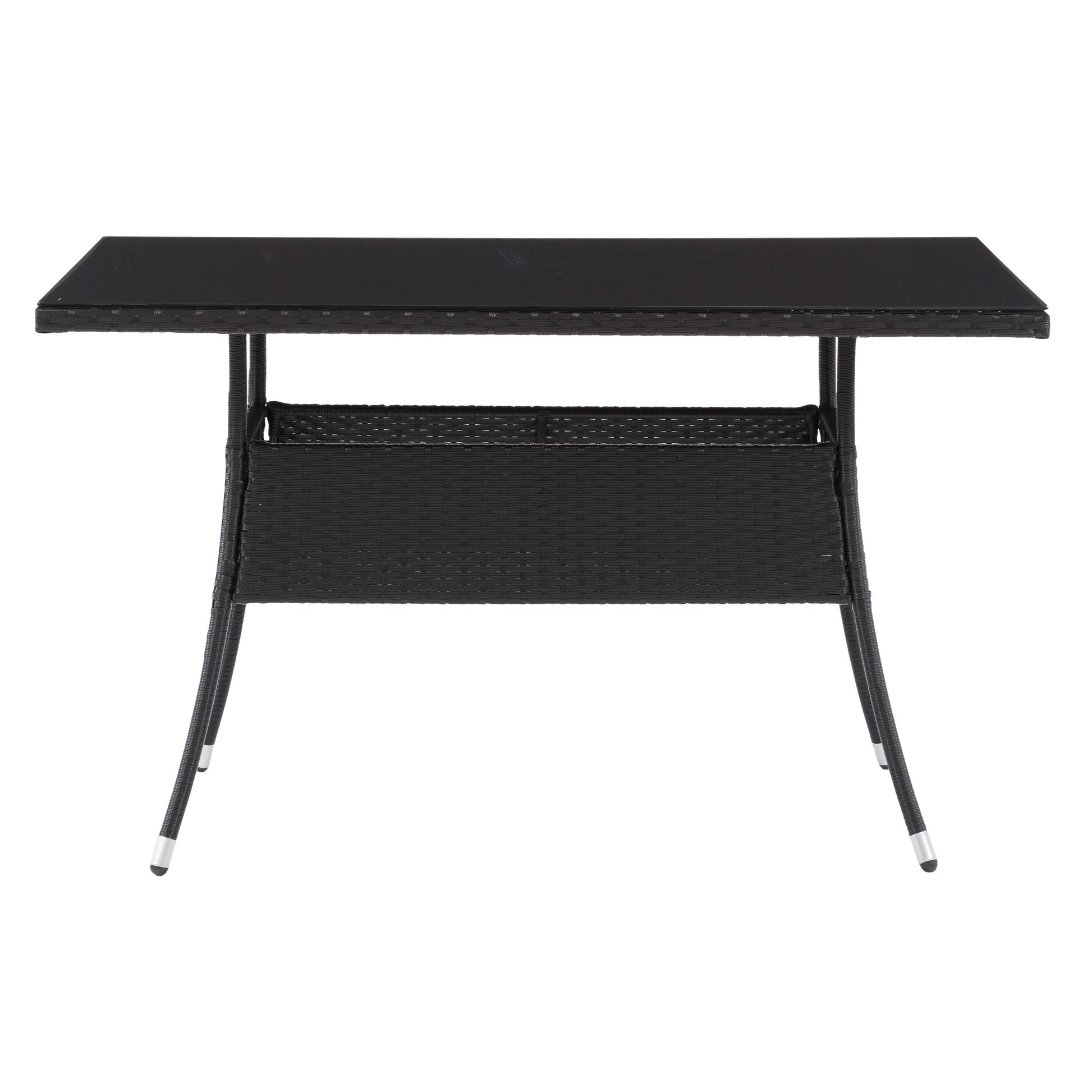 Black outdoor dining table with sleek aluminum frame, tempered glass top, and weather-resistant finish, ideal for patio or garden use. Rectangular shape with modern design, perfect for outdoor dining and entertaining.
