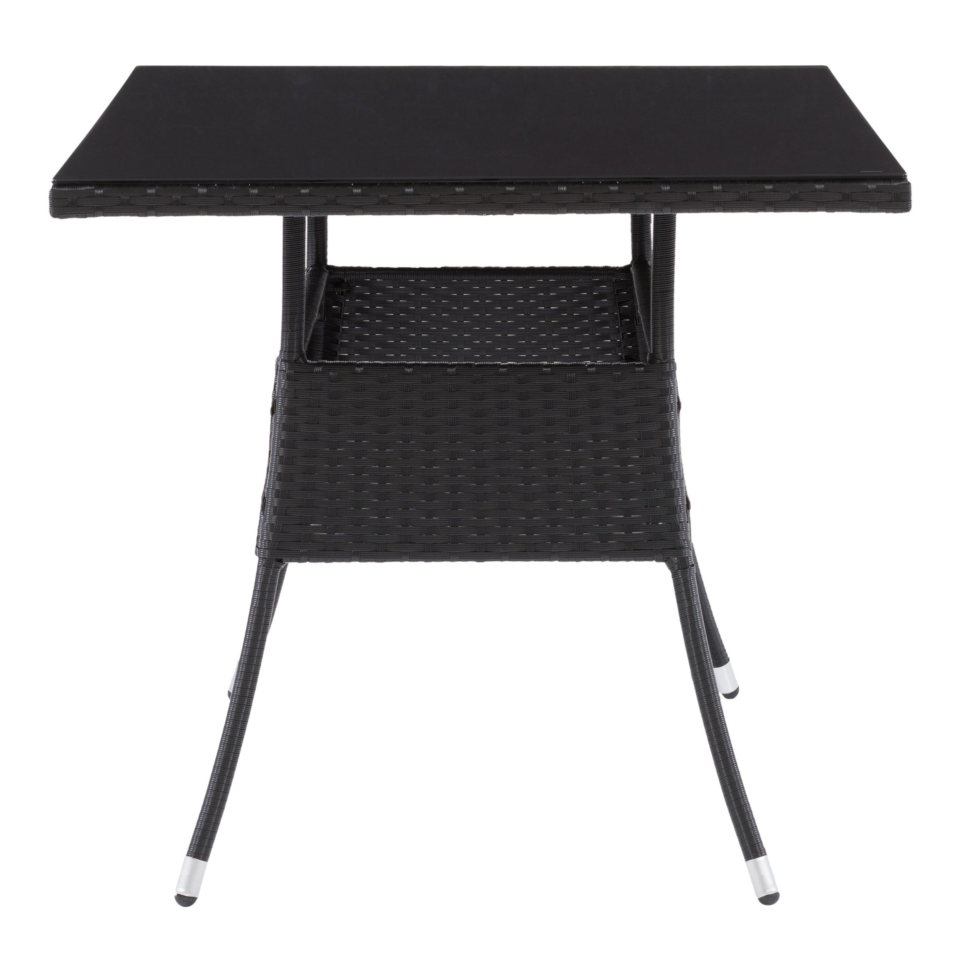 Black outdoor dining table with sleek aluminum frame, tempered glass top, and weather-resistant finish, ideal for patio or garden use. Rectangular shape with modern design, perfect for outdoor dining and entertaining.
