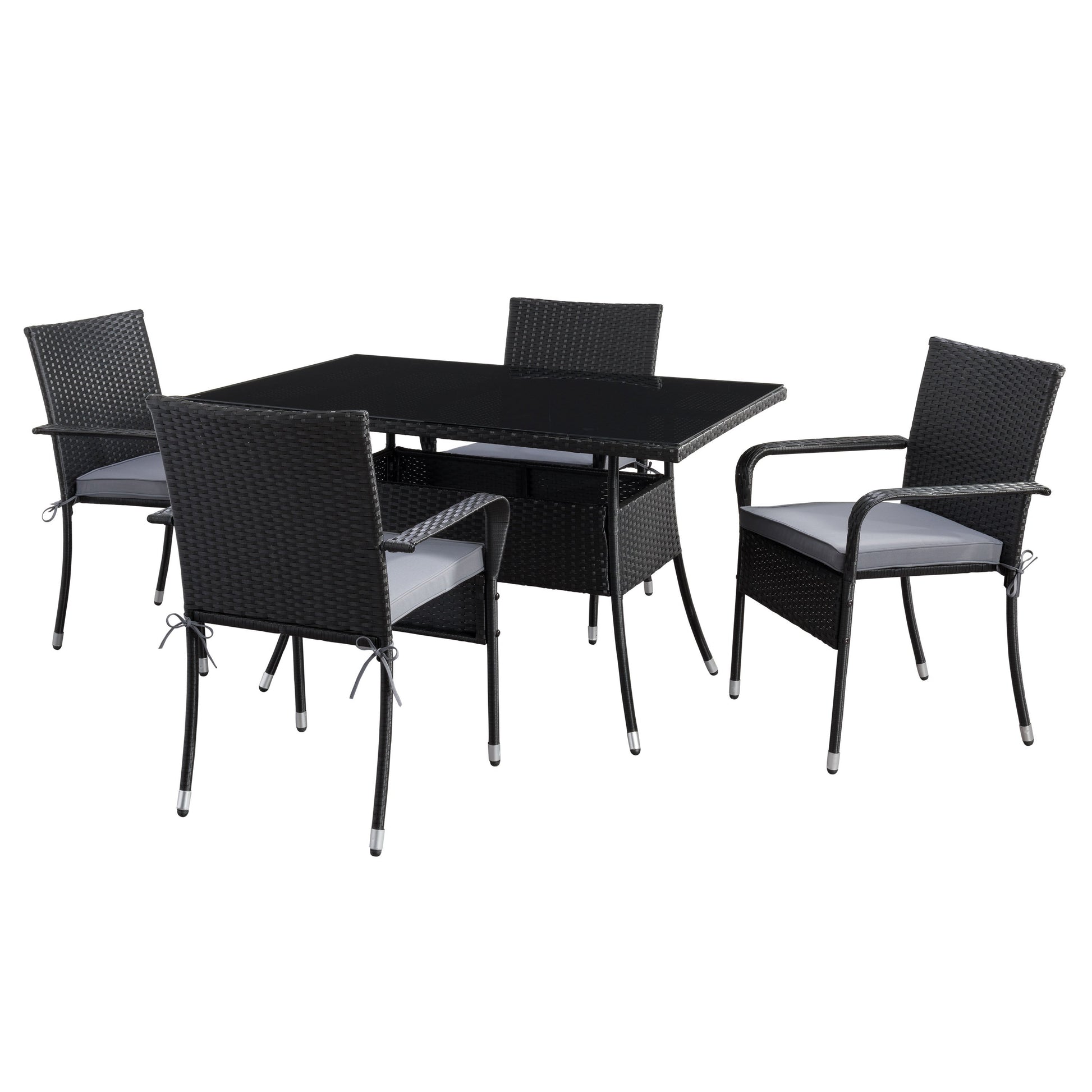 Modern 5-piece patio dining set with a rectangular glass table and four cushioned chairs in beige and brown wicker, featuring weather-resistant materials and a sleek design perfect for outdoor spaces.