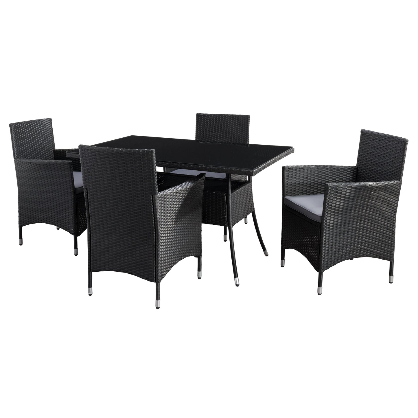 Modern 5-piece patio dining set with a rectangular glass table and four cushioned chairs in beige and brown wicker, featuring weather-resistant materials and a sleek design perfect for outdoor spaces.