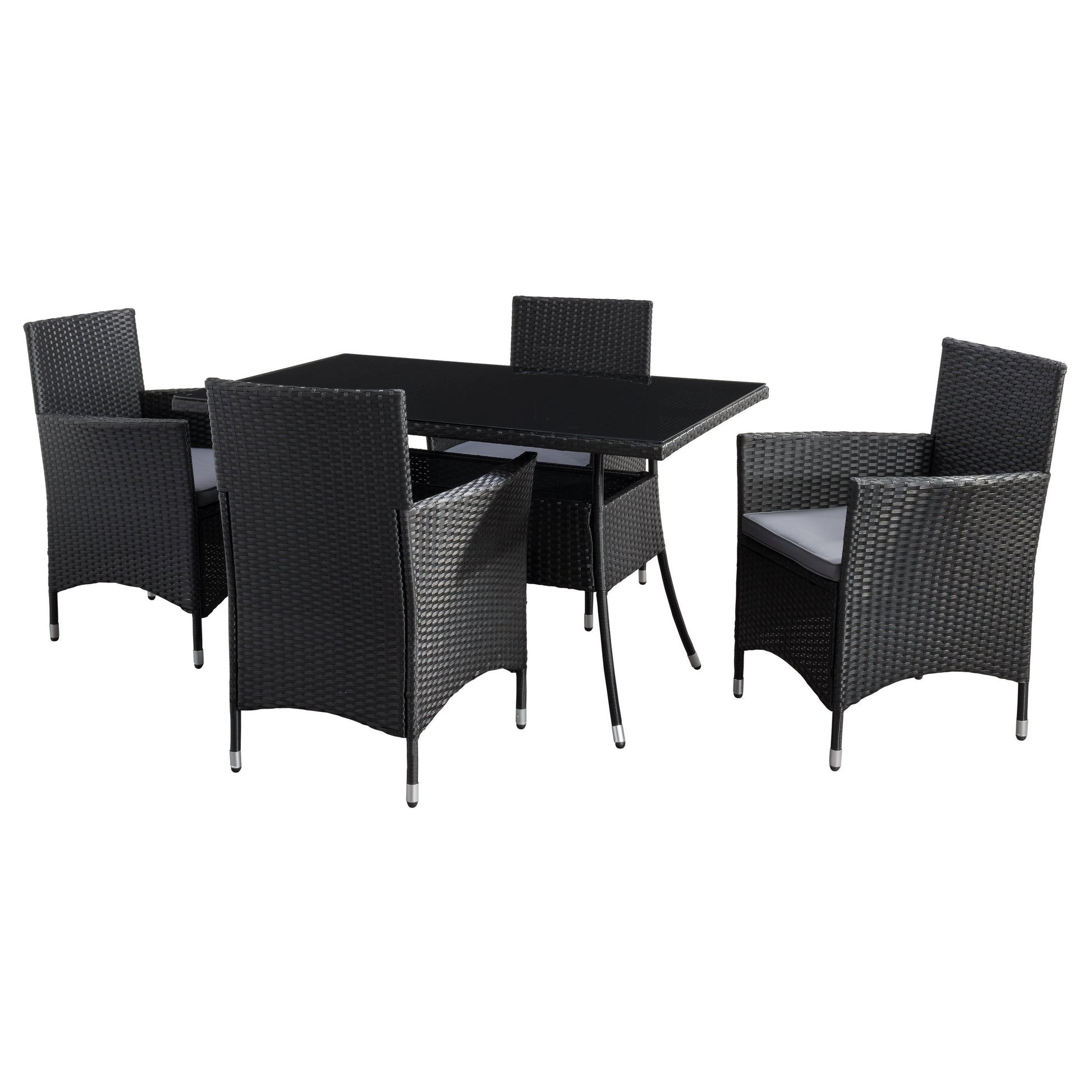 Modern 5-piece patio dining set with a rectangular glass table and four cushioned chairs in beige and brown wicker, featuring weather-resistant materials and a sleek design perfect for outdoor spaces.