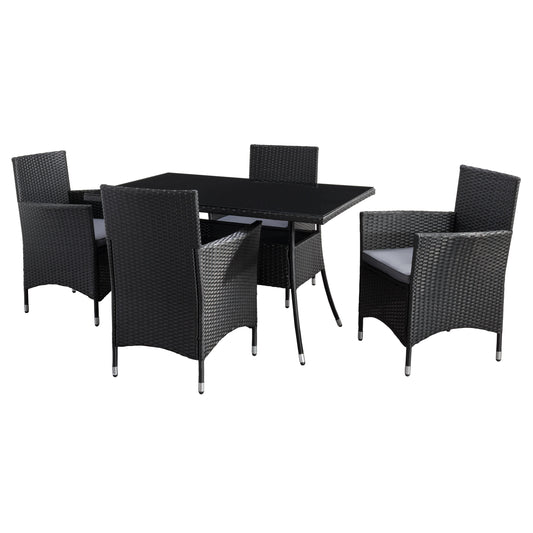 Modern 5-piece patio dining set with a rectangular glass table and four cushioned chairs in beige and brown wicker, featuring weather-resistant materials and a sleek design perfect for outdoor spaces.
