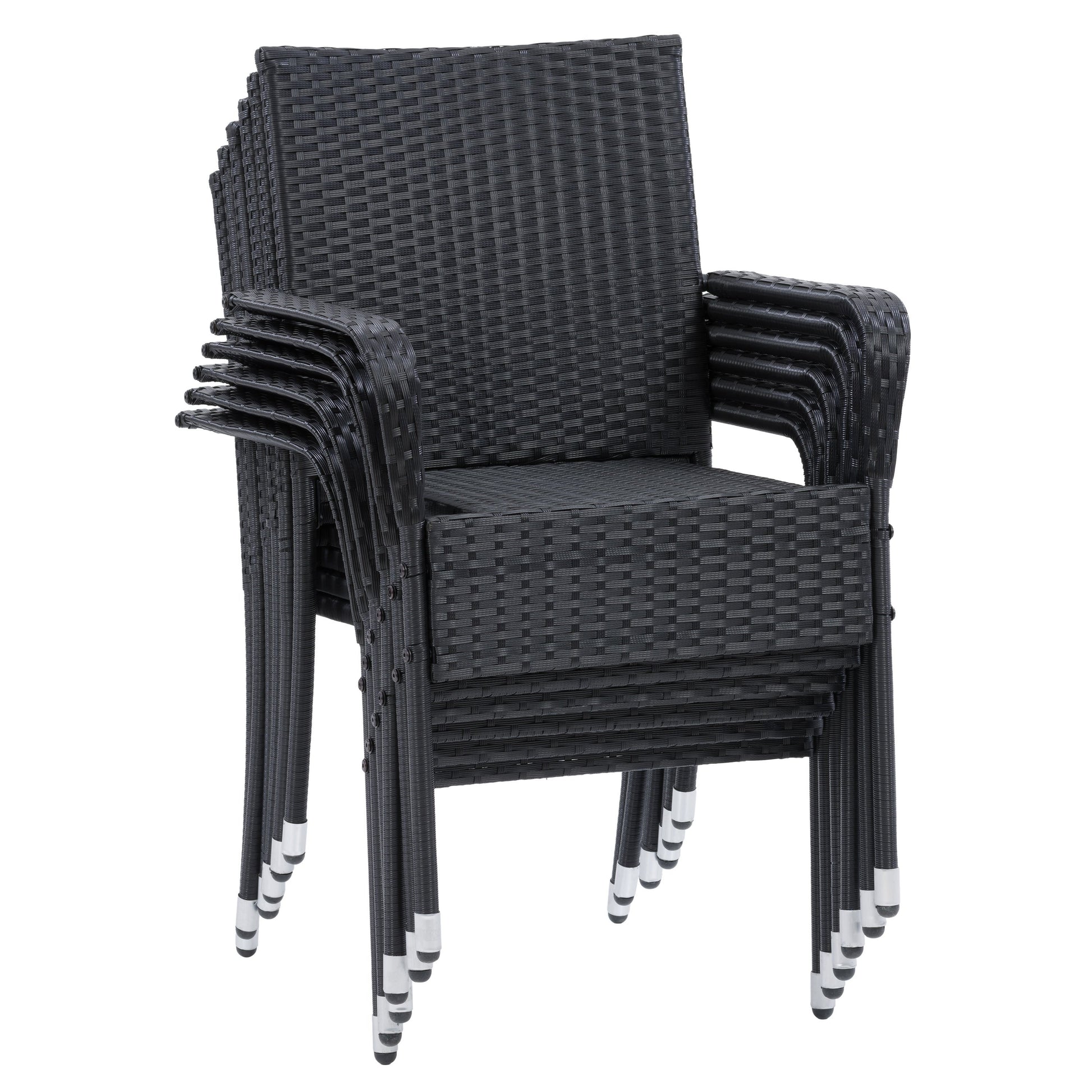 Gray wicker patio dining set with six cushioned chairs, rectangular glass-top table, and weather-resistant materials, perfect for outdoor dining and entertaining.