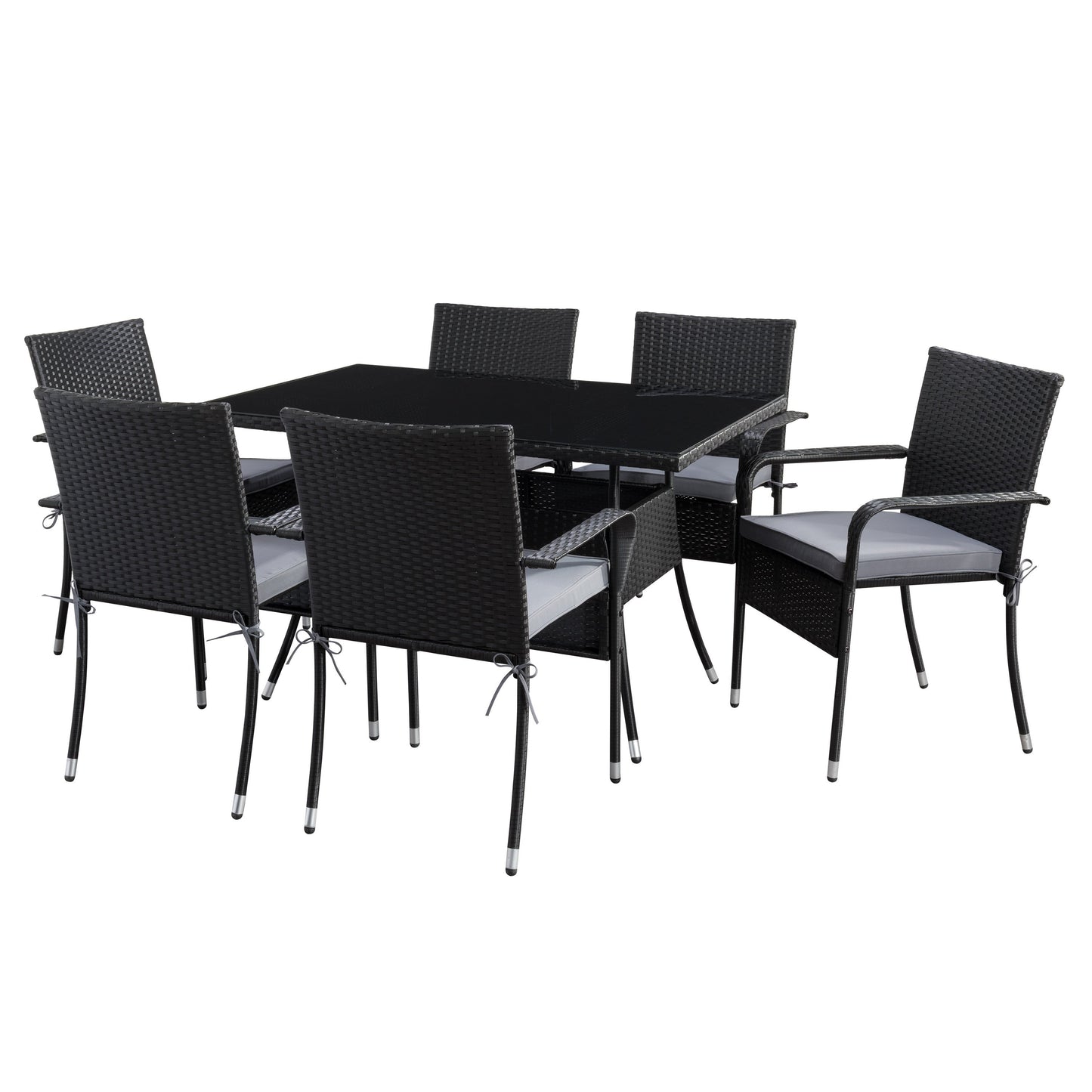 Gray wicker patio dining set with six cushioned chairs, rectangular glass-top table, and weather-resistant materials, perfect for outdoor dining and entertaining.