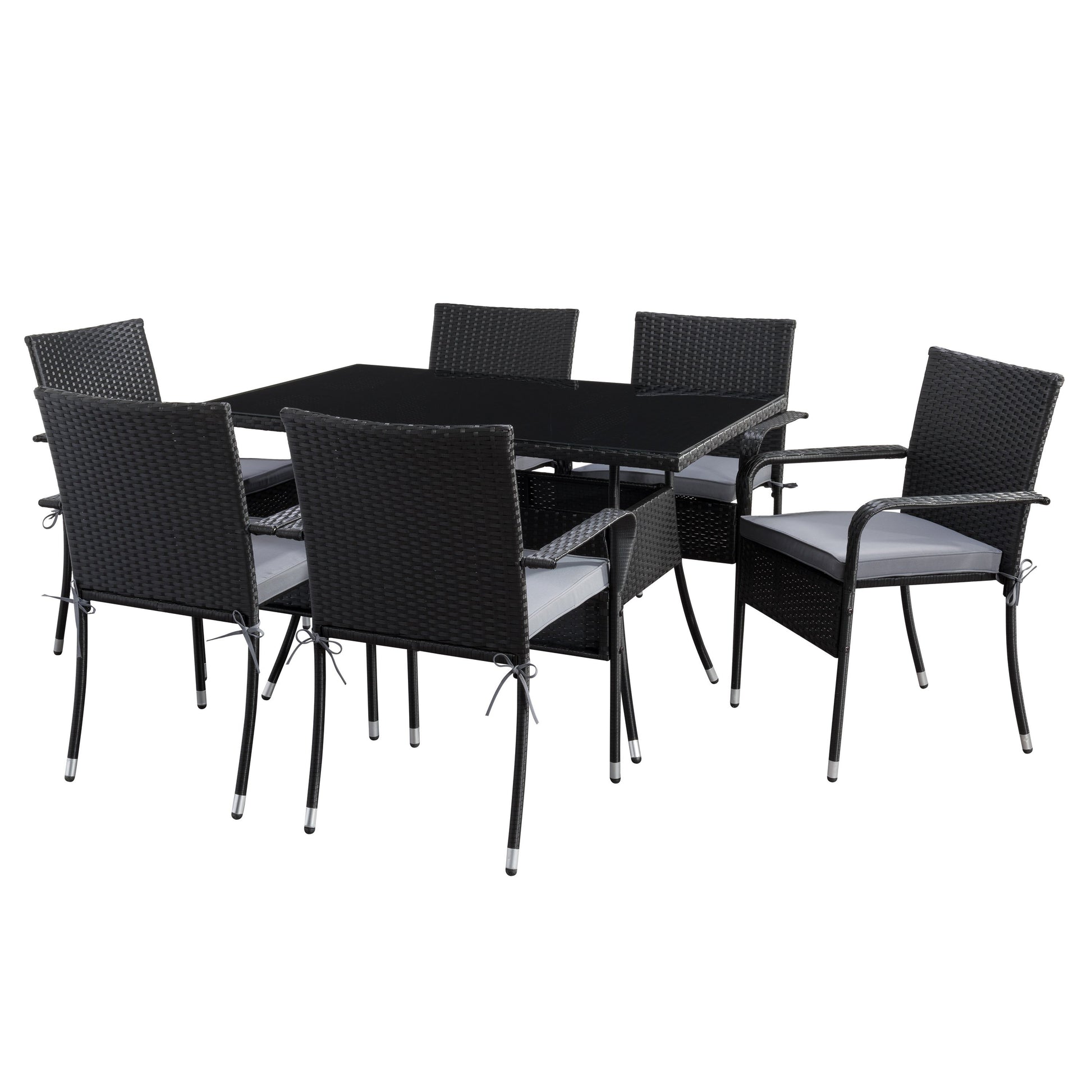 Gray wicker patio dining set with six cushioned chairs, rectangular glass-top table, and weather-resistant materials, perfect for outdoor dining and entertaining.