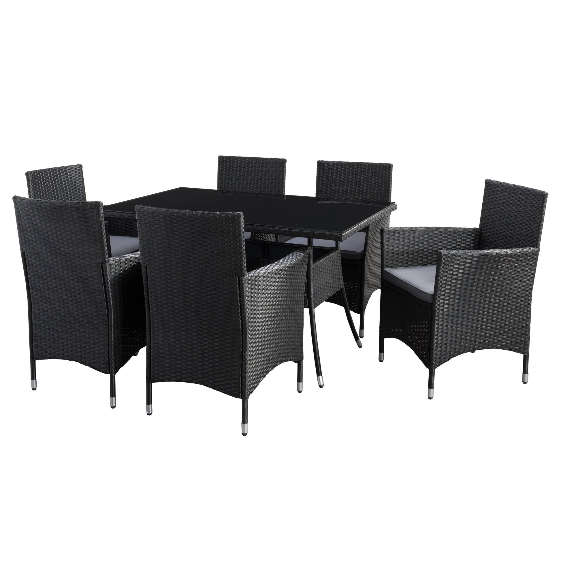 Gray wicker patio dining set with six cushioned chairs, rectangular glass-top table, and weather-resistant materials, perfect for outdoor dining and entertaining.