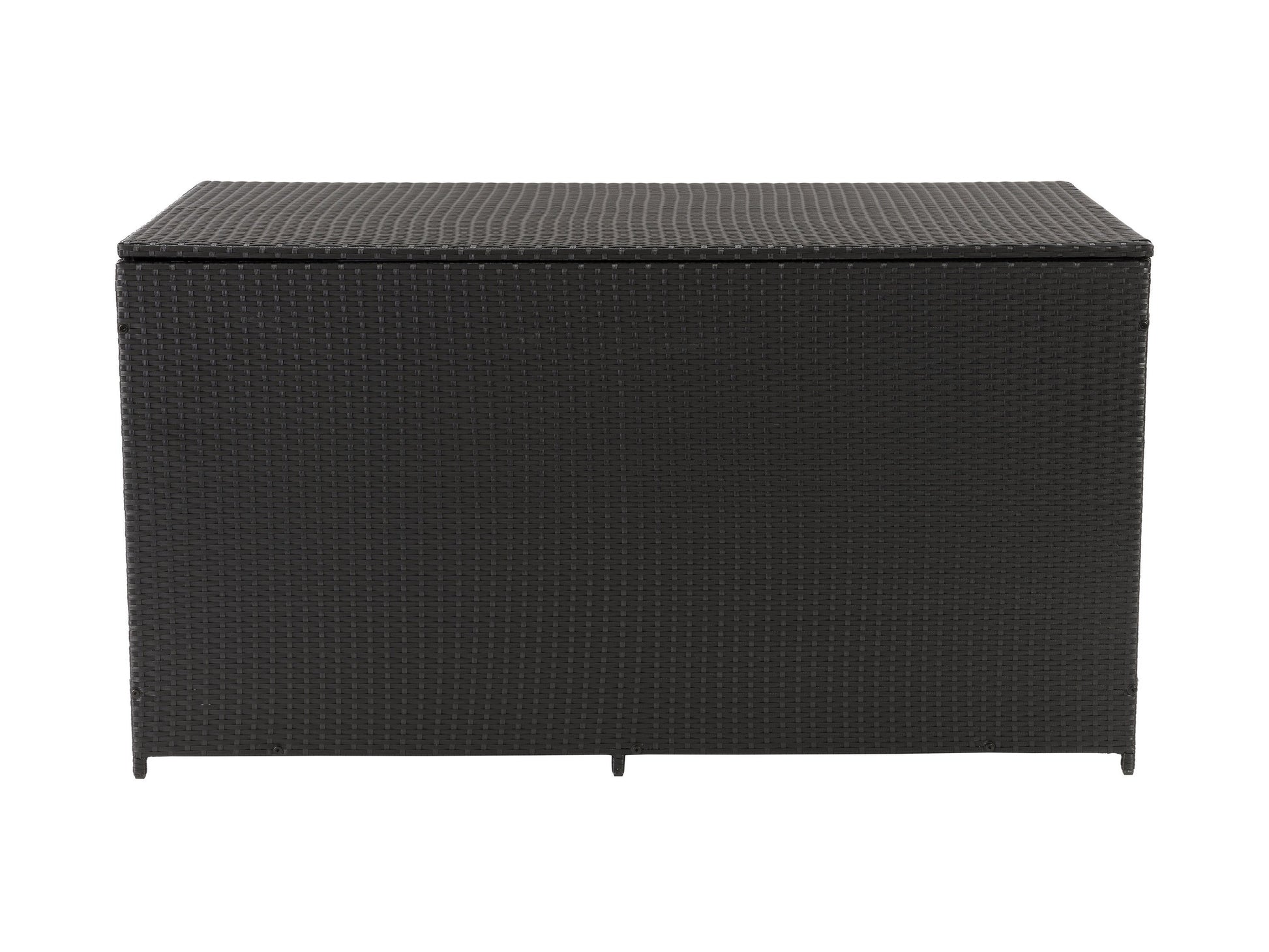 Gray wicker patio storage box with a flat lid, featuring a weather-resistant design and ample storage space, ideal for outdoor cushions and gardening tools.