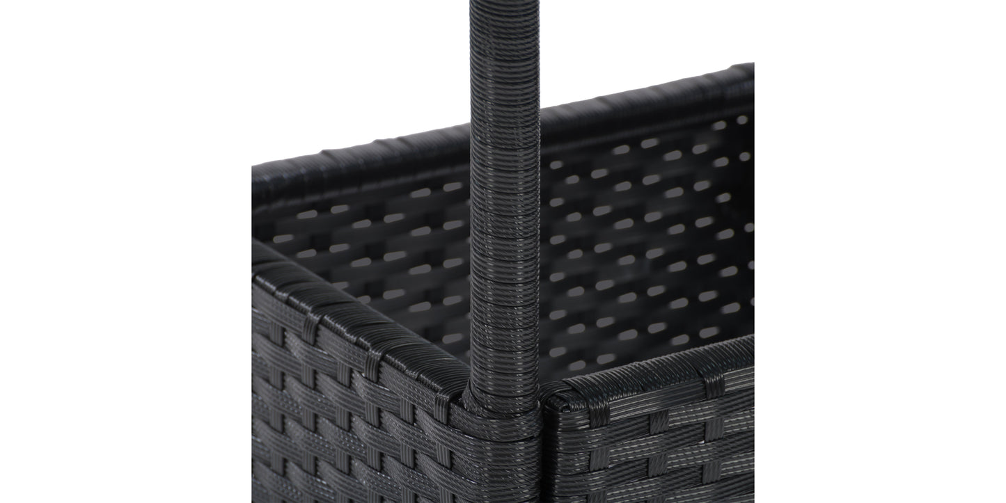 Black metal bistro patio table with round slatted top, sturdy curved legs, and weather-resistant finish. Ideal for outdoor dining and garden settings.