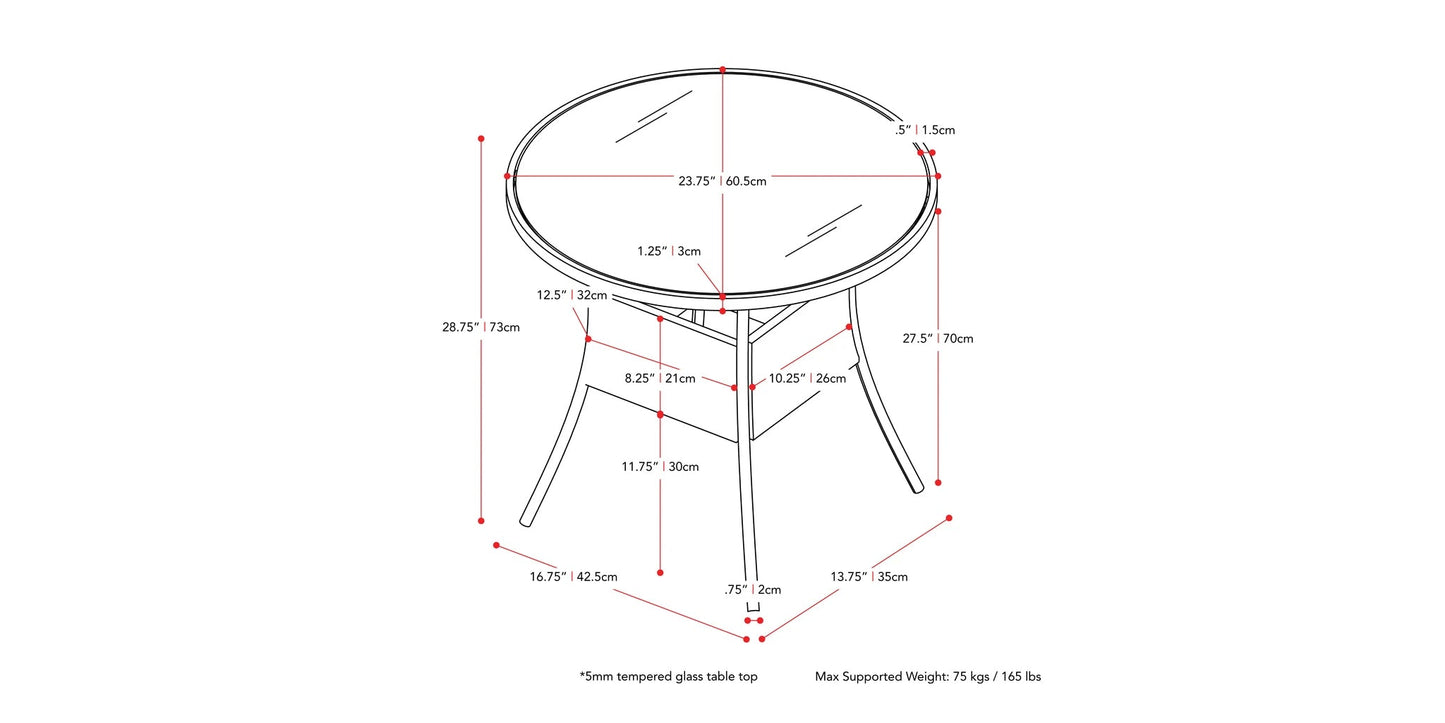 Black and white bistro patio table with round top, sturdy metal frame, and intricate geometric design. Ideal for outdoor dining and garden settings.